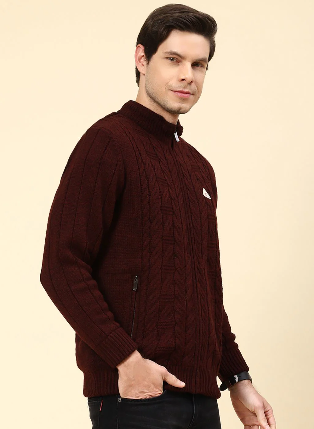 Men Maroon Self Design Wool blend Jacket - Image 4