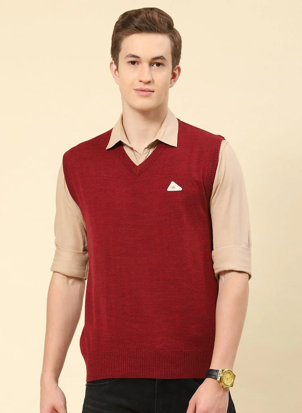 Men Maroon Solid Blend wool Sweater - Image 2