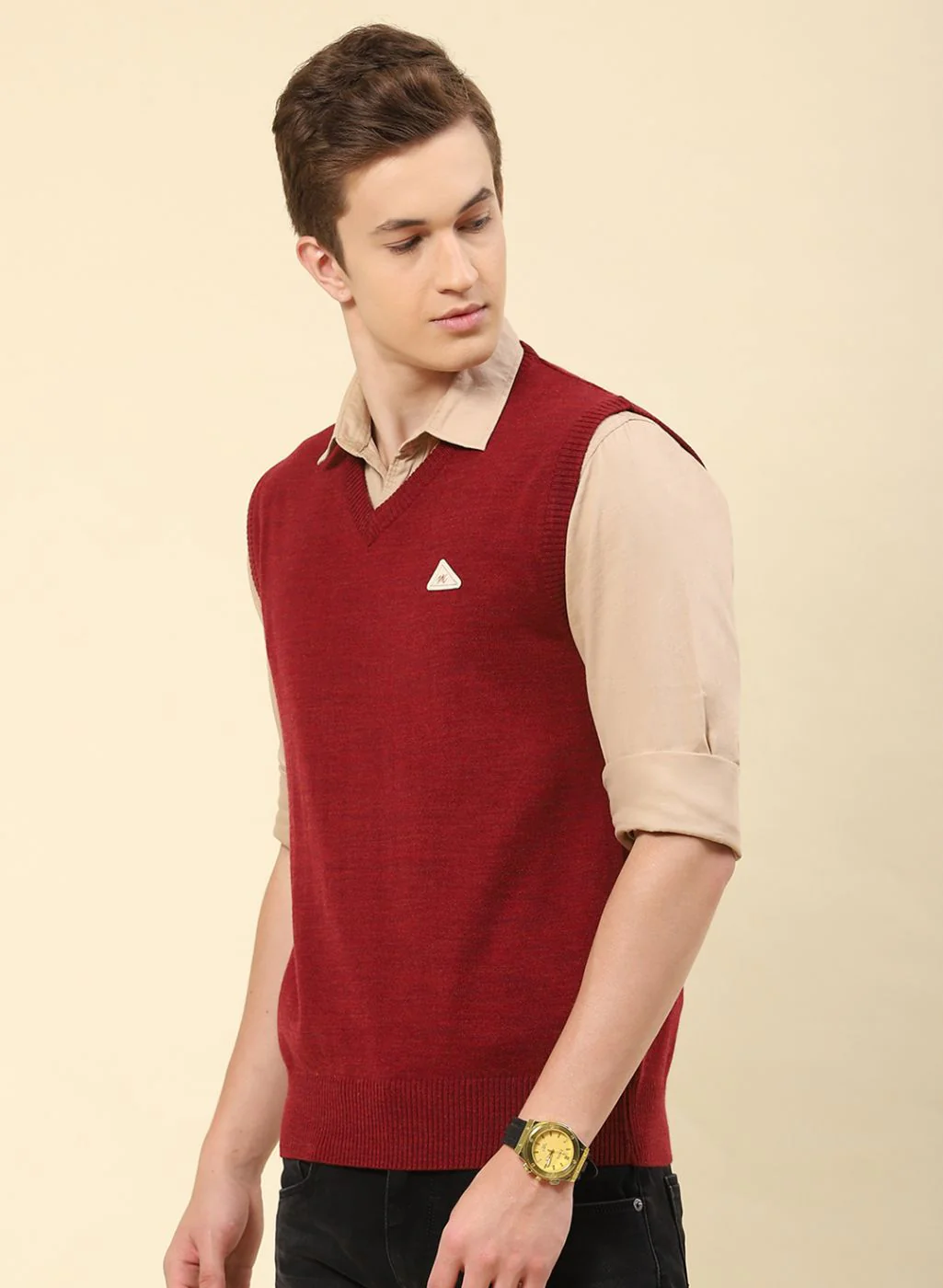 Men Maroon Solid Blend wool Sweater - Image 3