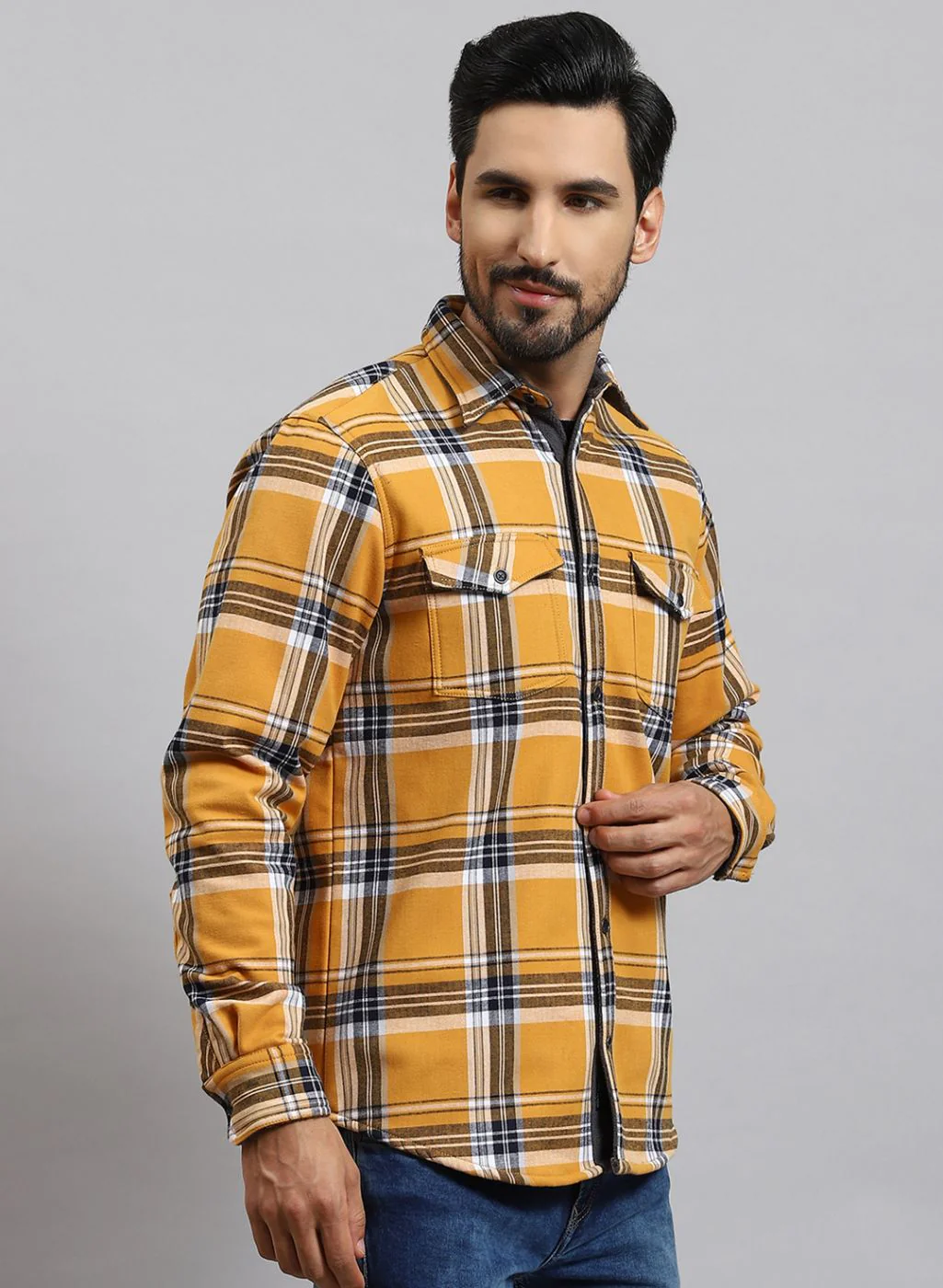 Men Mustard Check Cotton Blend Shirt - Image 4