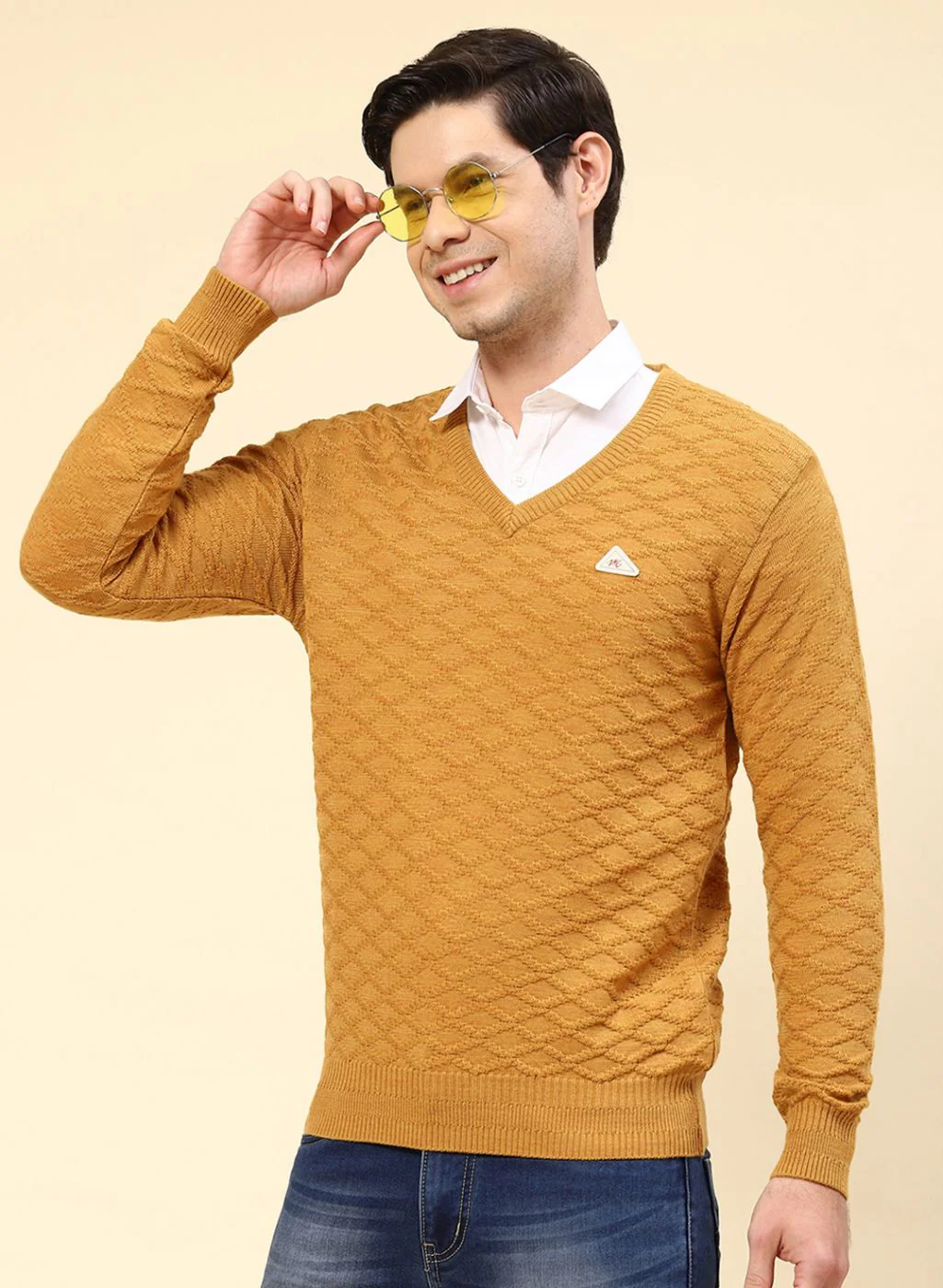 Men Mustard Self Design Wool blend Pullover - Image 3