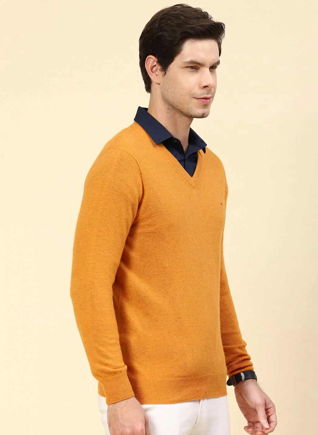 Men Mustard Solid Lamb wool Pullover - Image 4