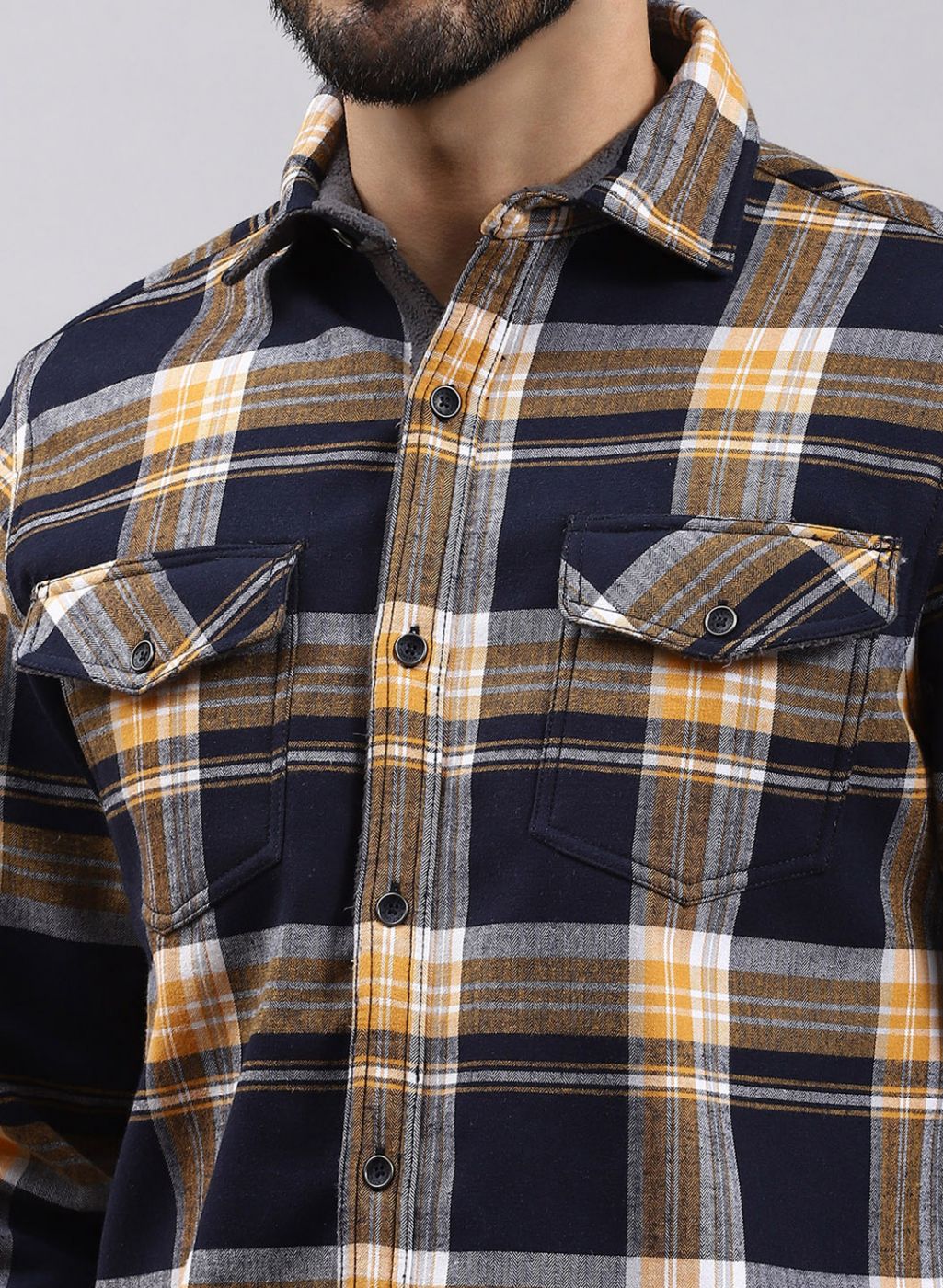 Men NAvy Blue Check Cotton Blend Shirt - Image 6