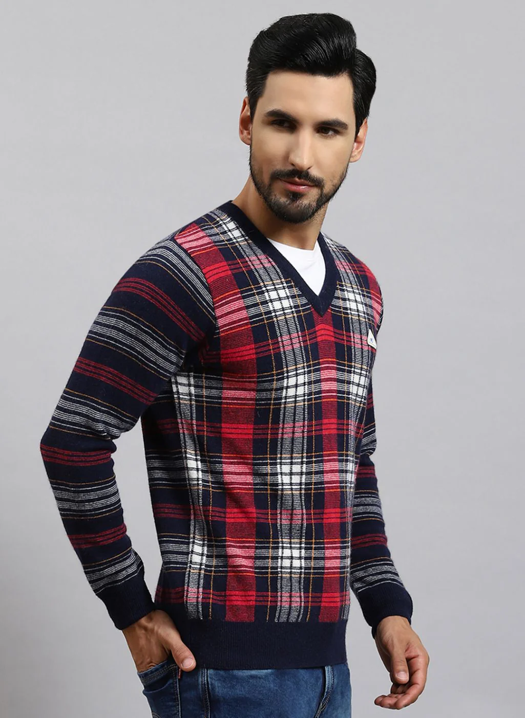Men NAvy Blue Printed Lamb wool Pullover - Image 4