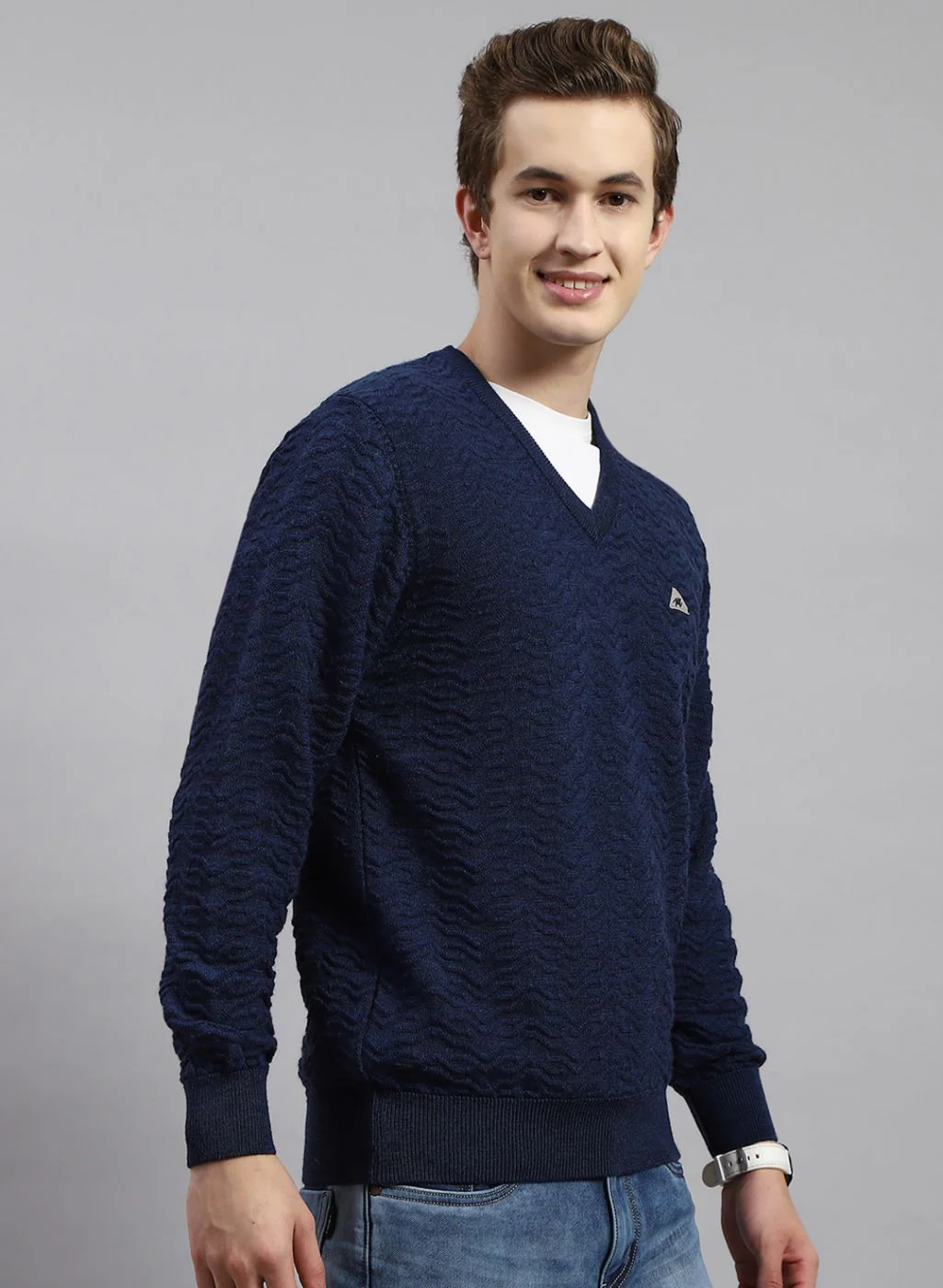 Men NAvy Blue Self Design Pure wool Pullover - Image 4