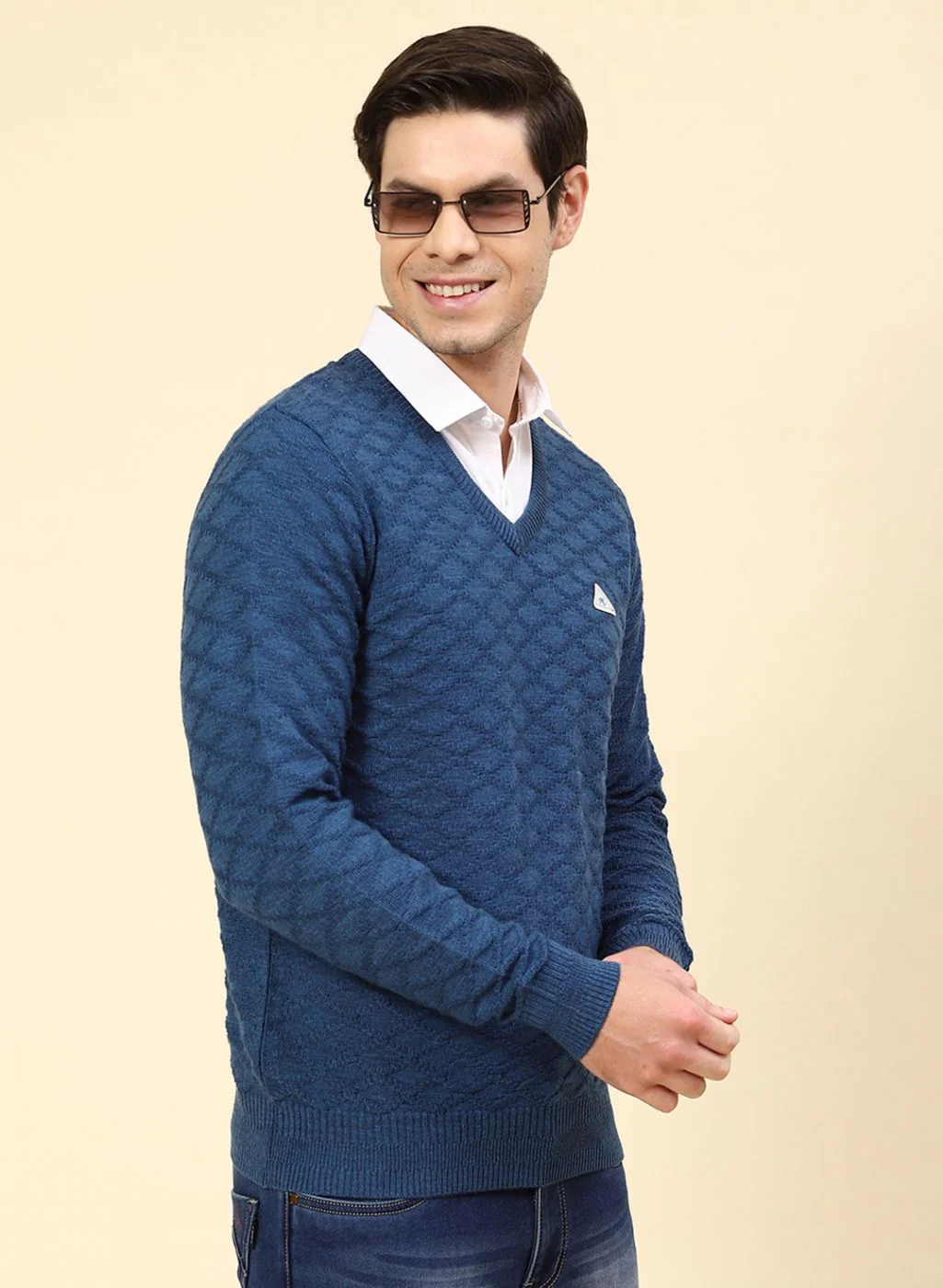 Men NAvy Blue Self Design Wool blend Pullover - Image 4
