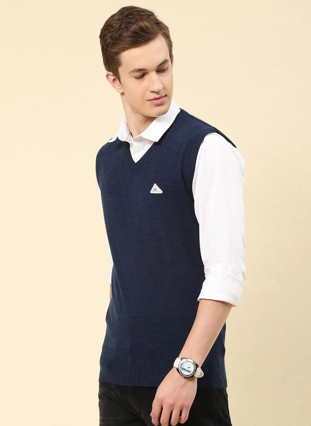 Men NAvy Blue Solid Blend wool Sweater - Image 3