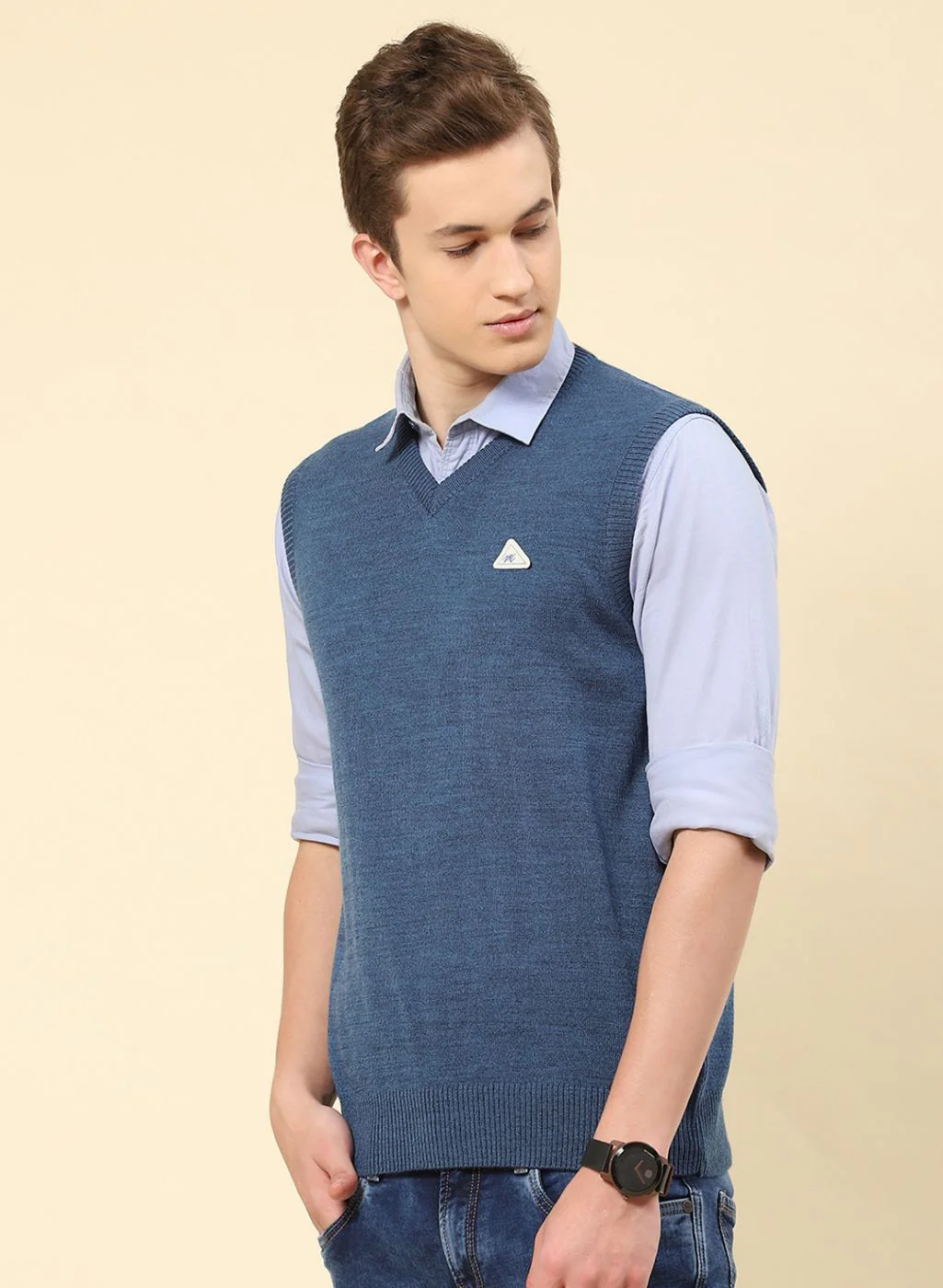 Men NAvy Blue Solid Blend wool Sweater - Image 3