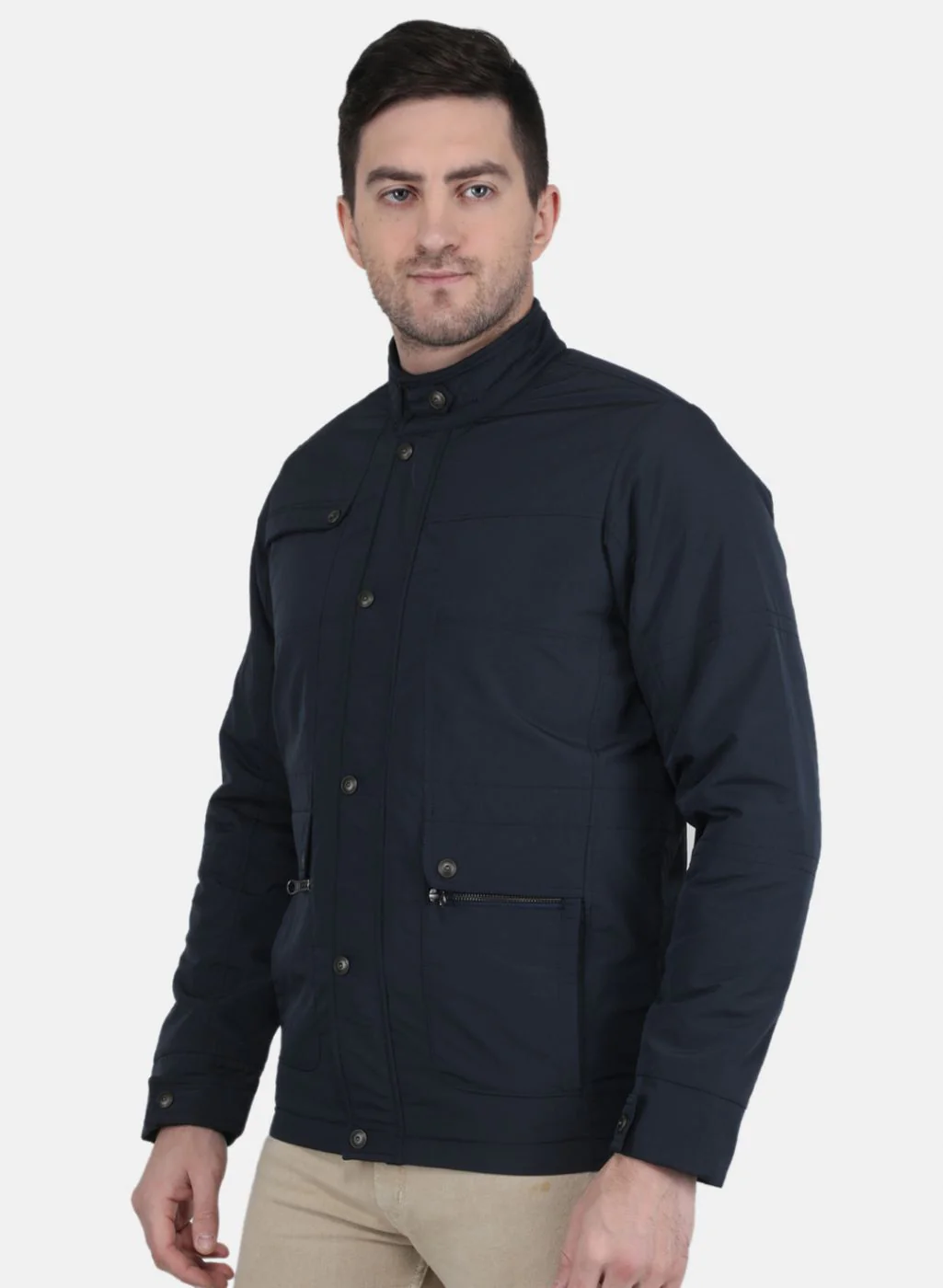 Men NAvy Blue Solid Jacket - Image 2
