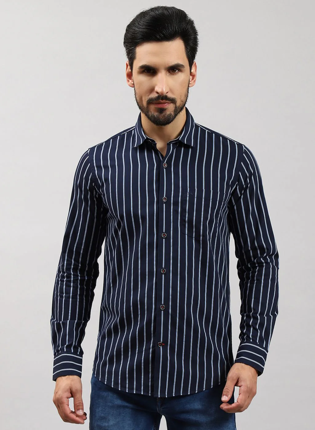 Men NAvy Blue Stripe Pure Cotton Shirt - Image 2