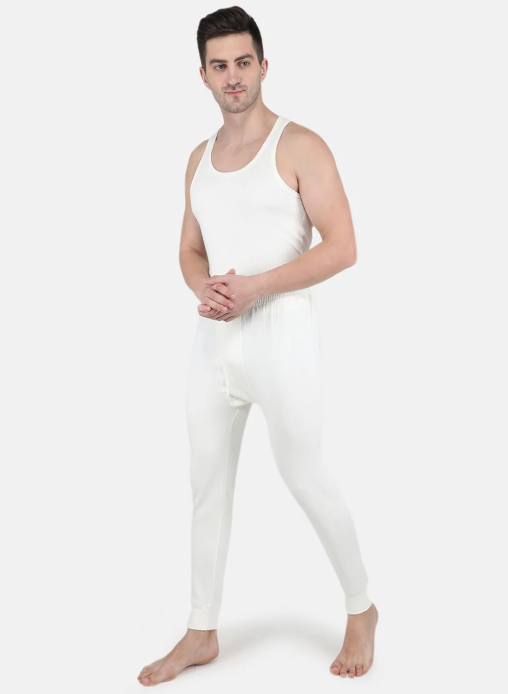 Men Off White Solid Thermal Lower - Image 4