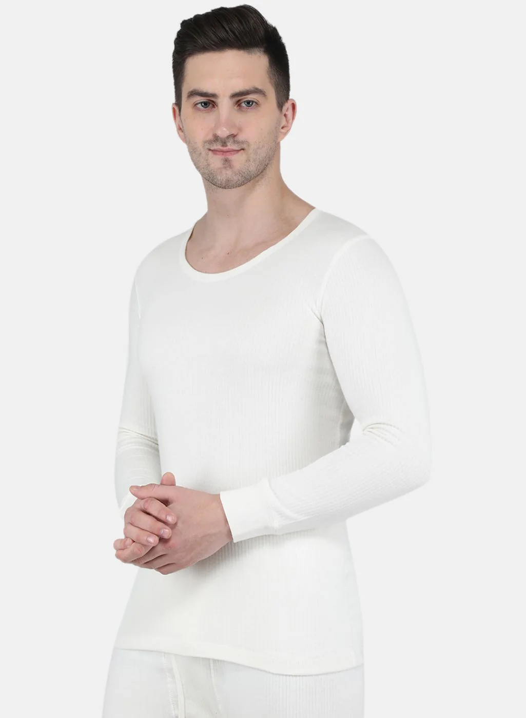 Men Off White Solid Thermal Vest - Image 2