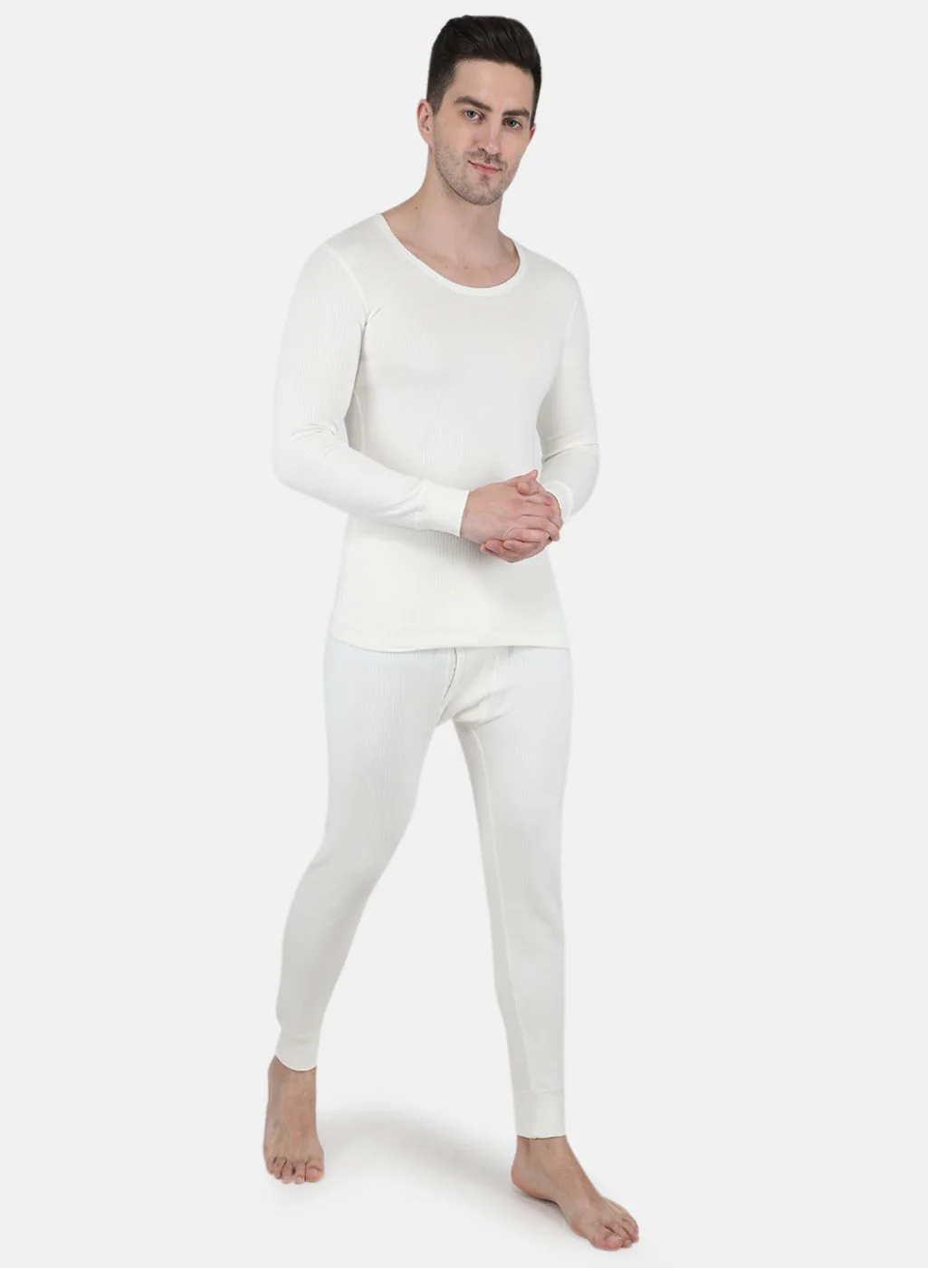Men Off White Solid Thermal Vest - Image 4