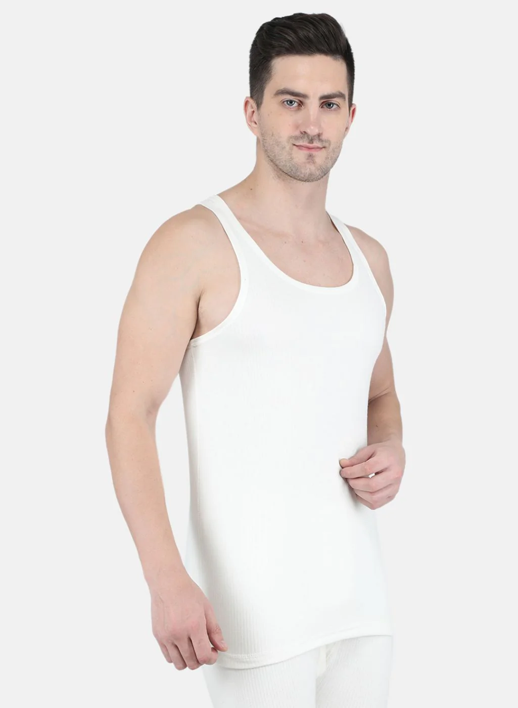 Men Off White Solid Thermal Vest - Image 6