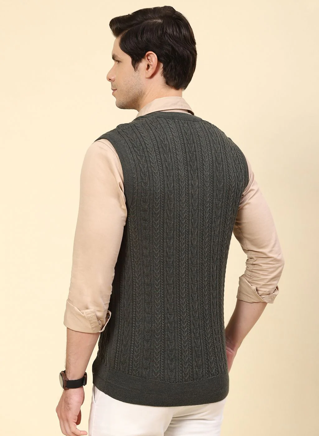 Men Olive Self Design Pure wool Sweater - Image 5
