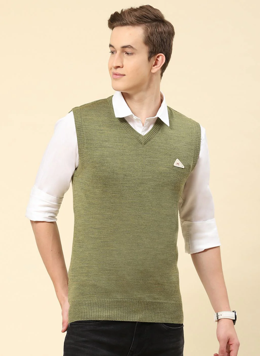 Men Olive Solid Blend wool Sweater - Image 2