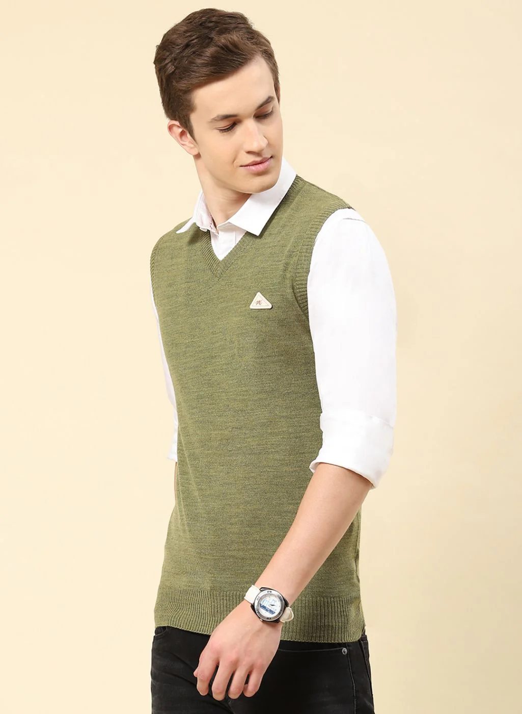 Men Olive Solid Blend wool Sweater - Image 3