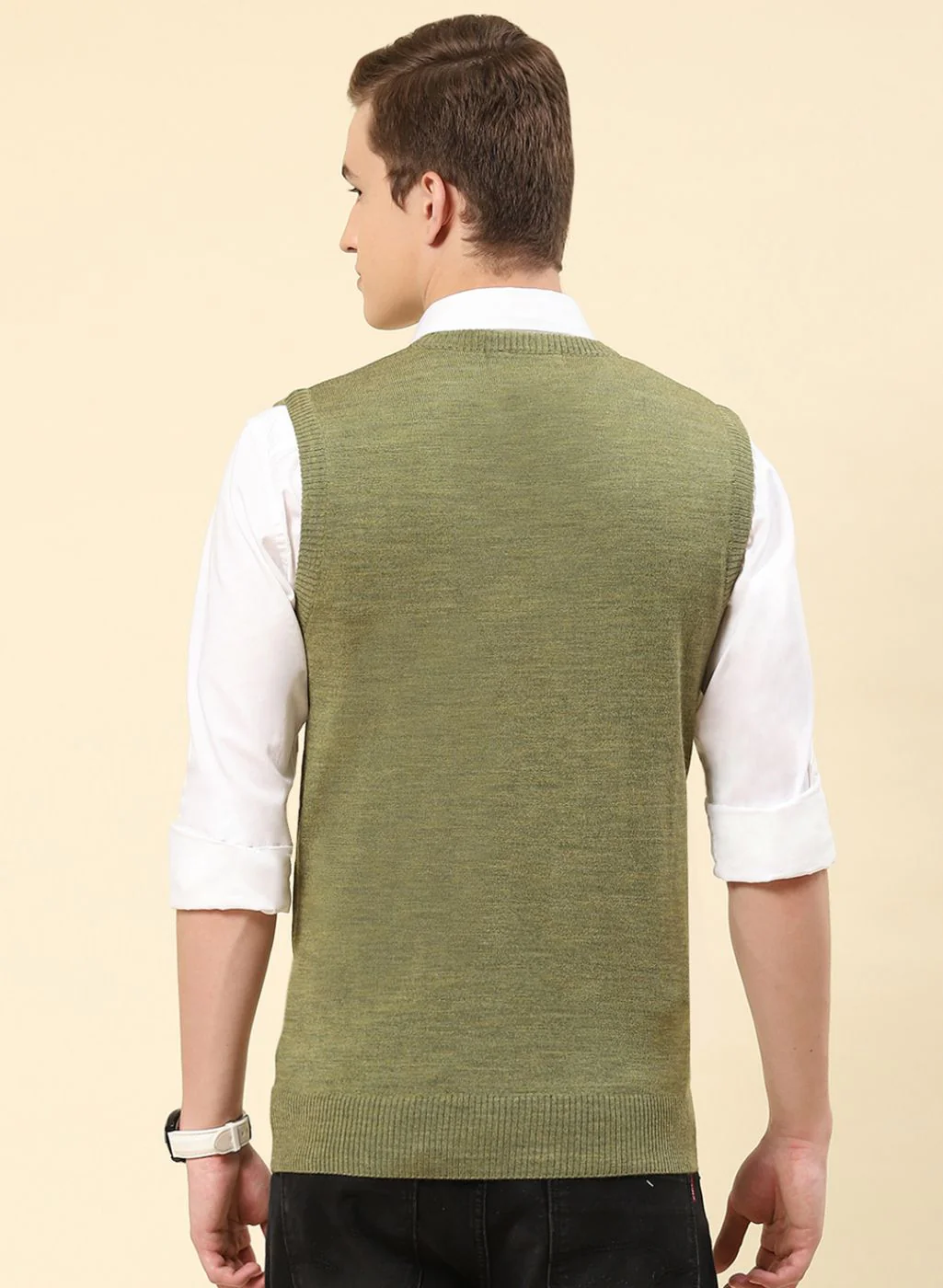 Men Olive Solid Blend wool Sweater - Image 5