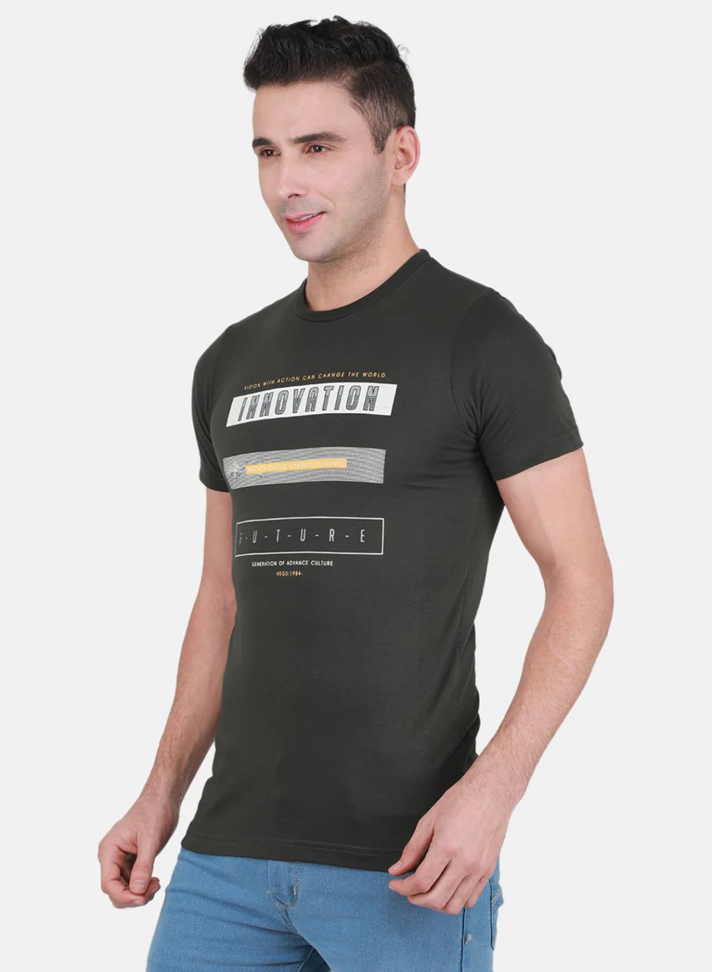 Men Olive & Yellow Solid T-Shirt - Image 3