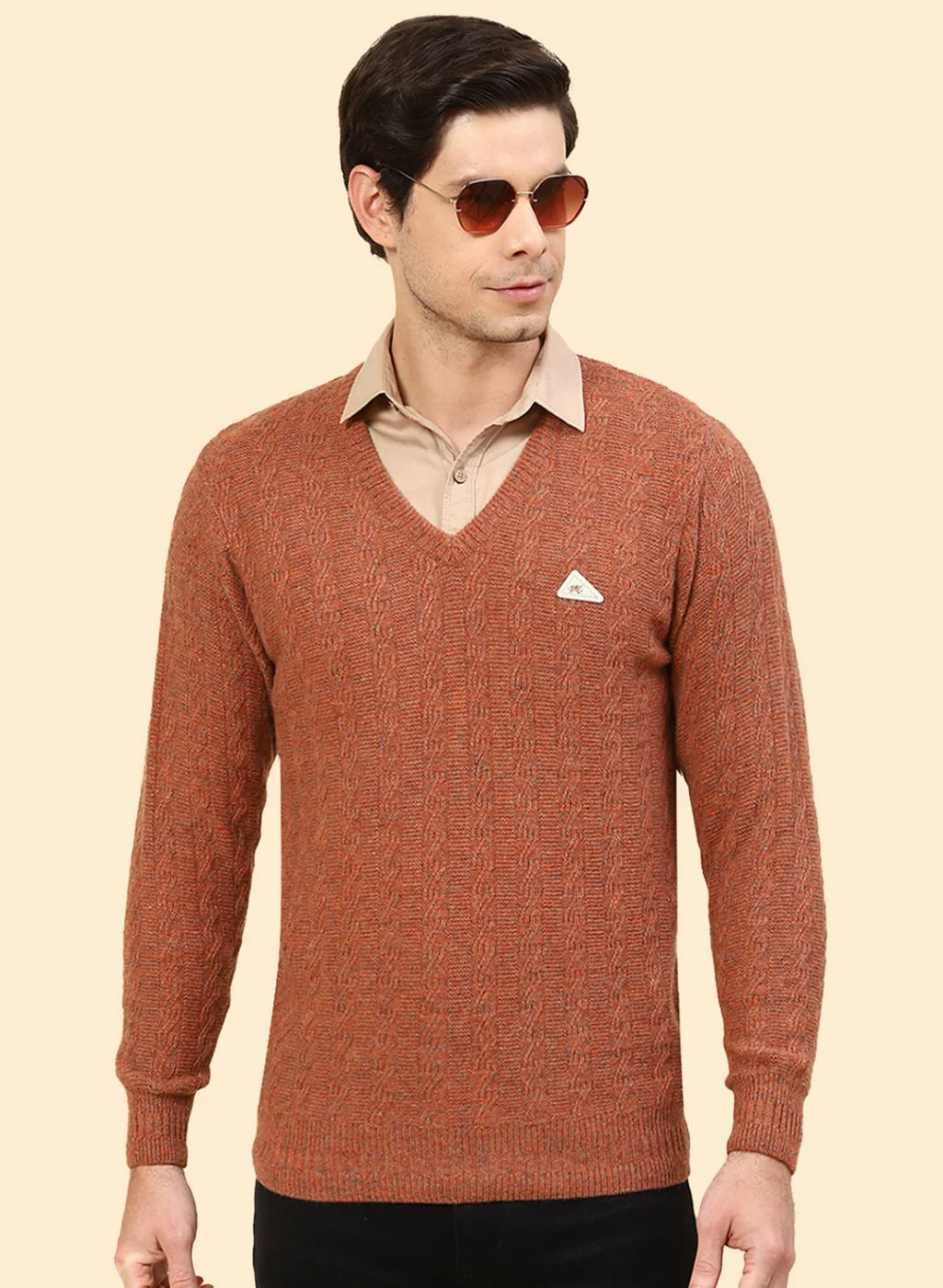 Men Orange Self Design Lamb wool Pullover - Image 2