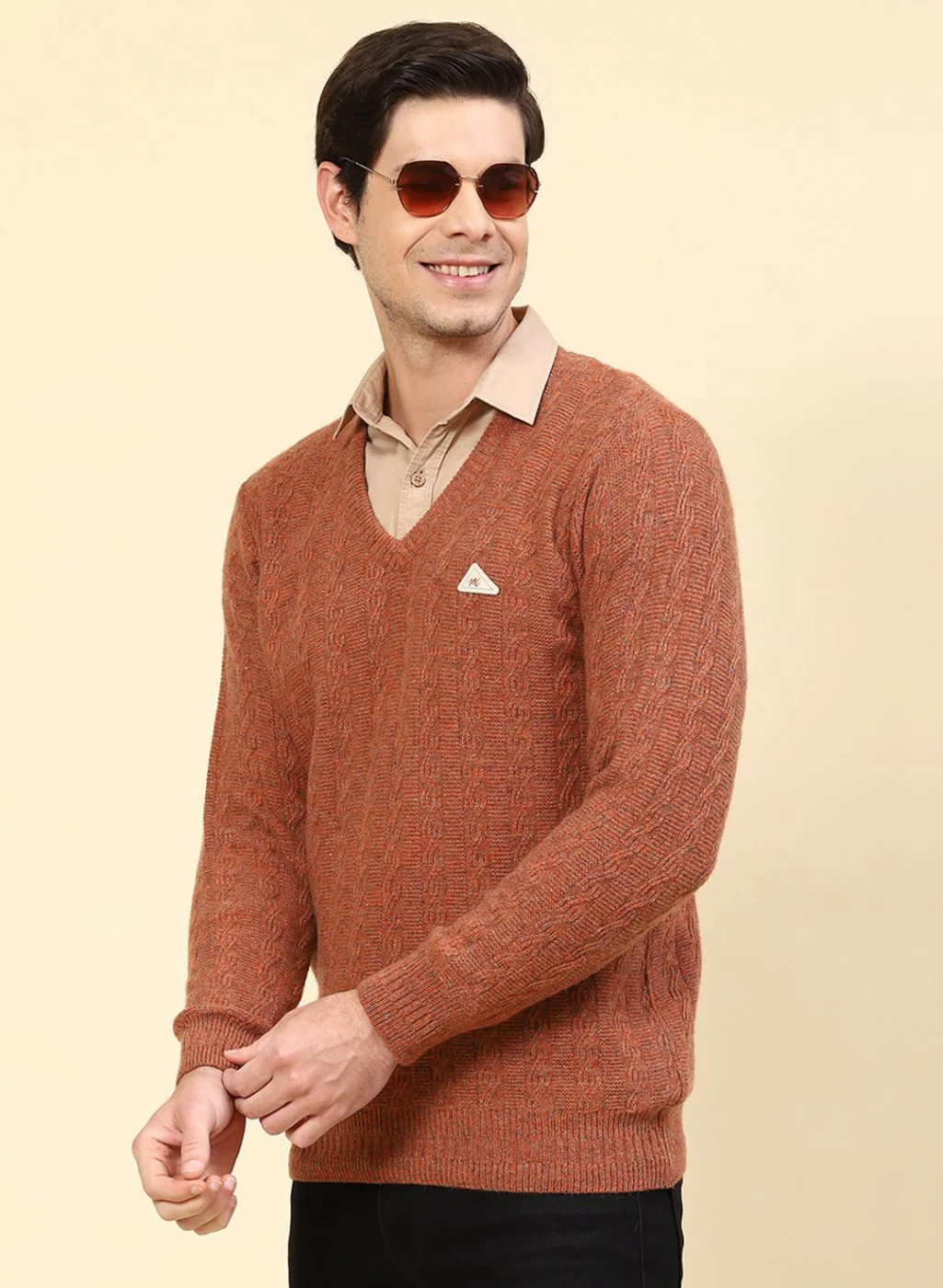 Men Orange Self Design Lamb wool Pullover - Image 3