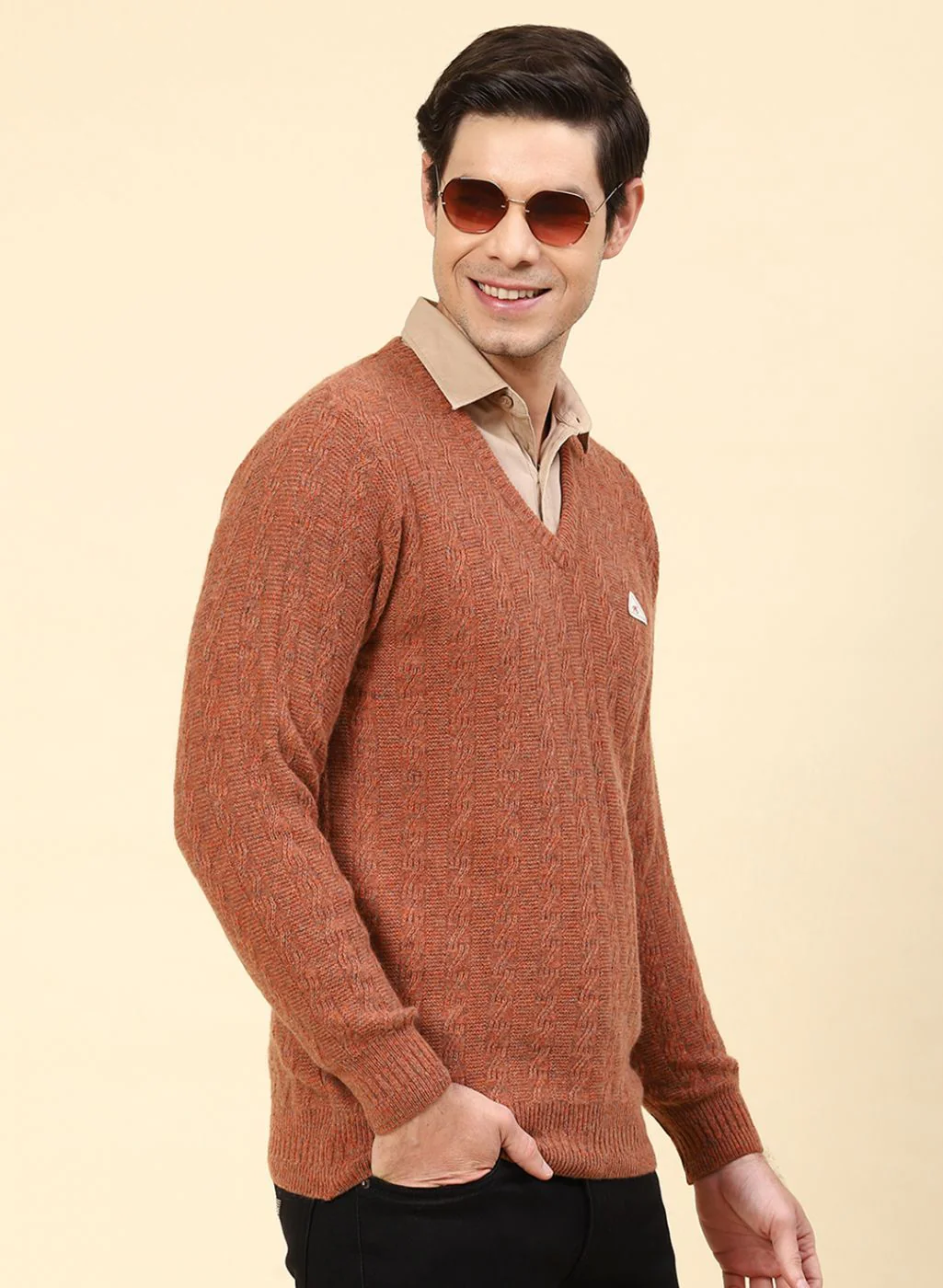 Men Orange Self Design Lamb wool Pullover - Image 4