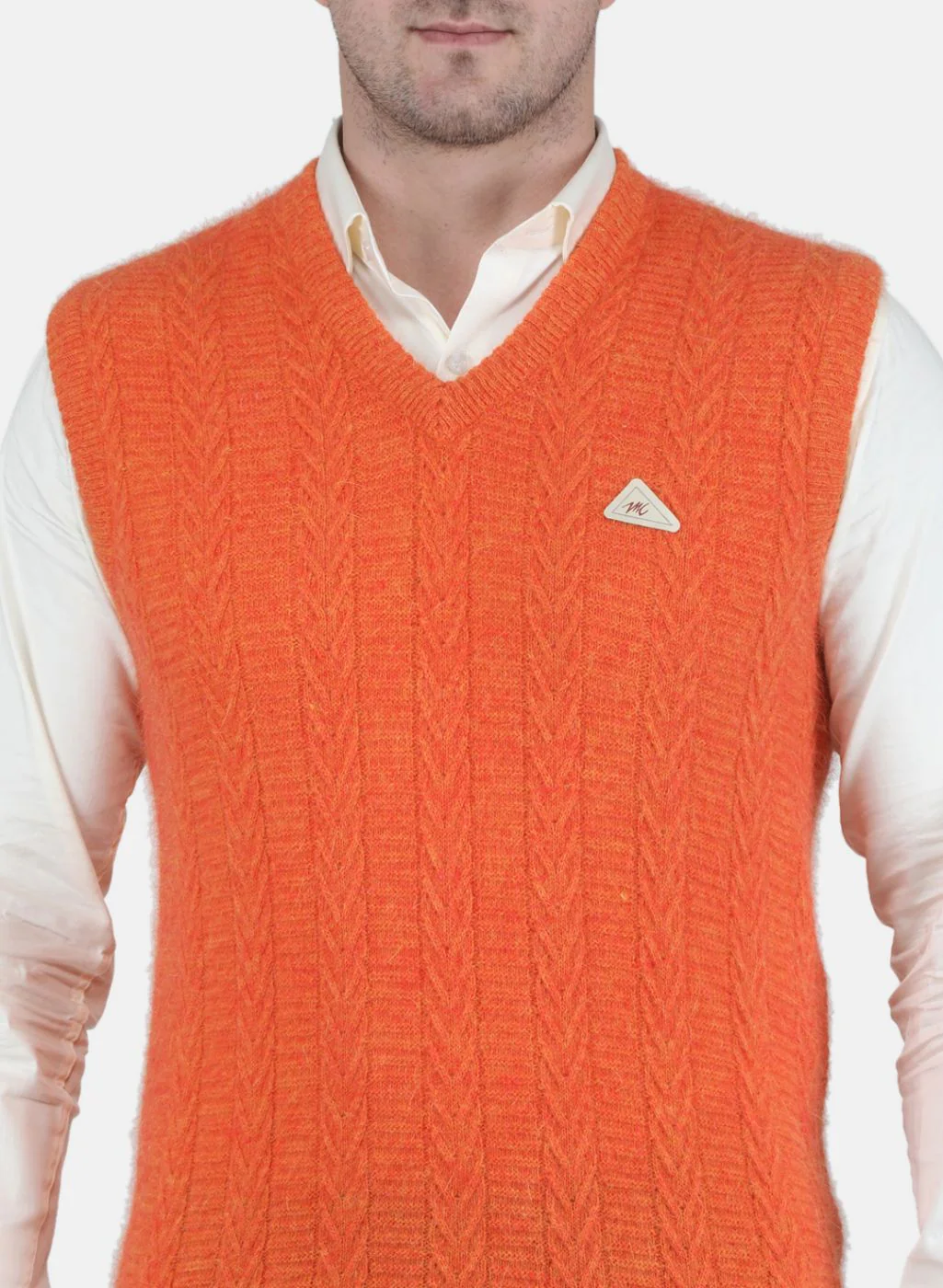 Men Orange Self Design Sweater - Image 5