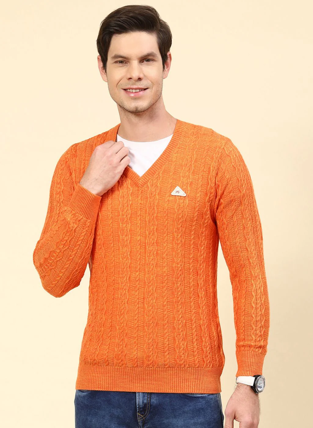 Men Orange Self Design Wool blend Pullover - Image 2
