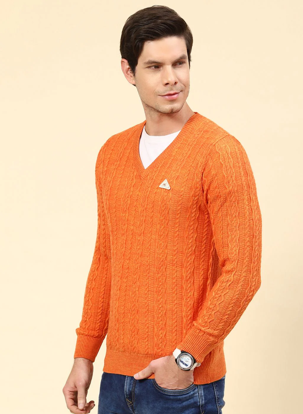 Men Orange Self Design Wool blend Pullover - Image 3
