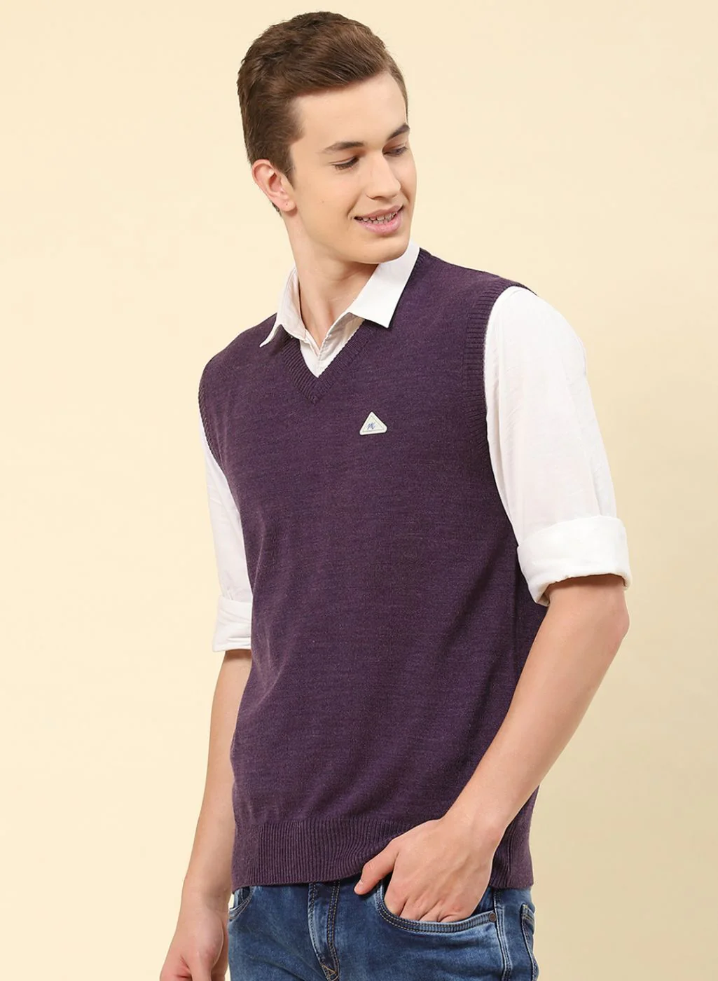 Men Purple Solid Blend wool Sweater - Image 3