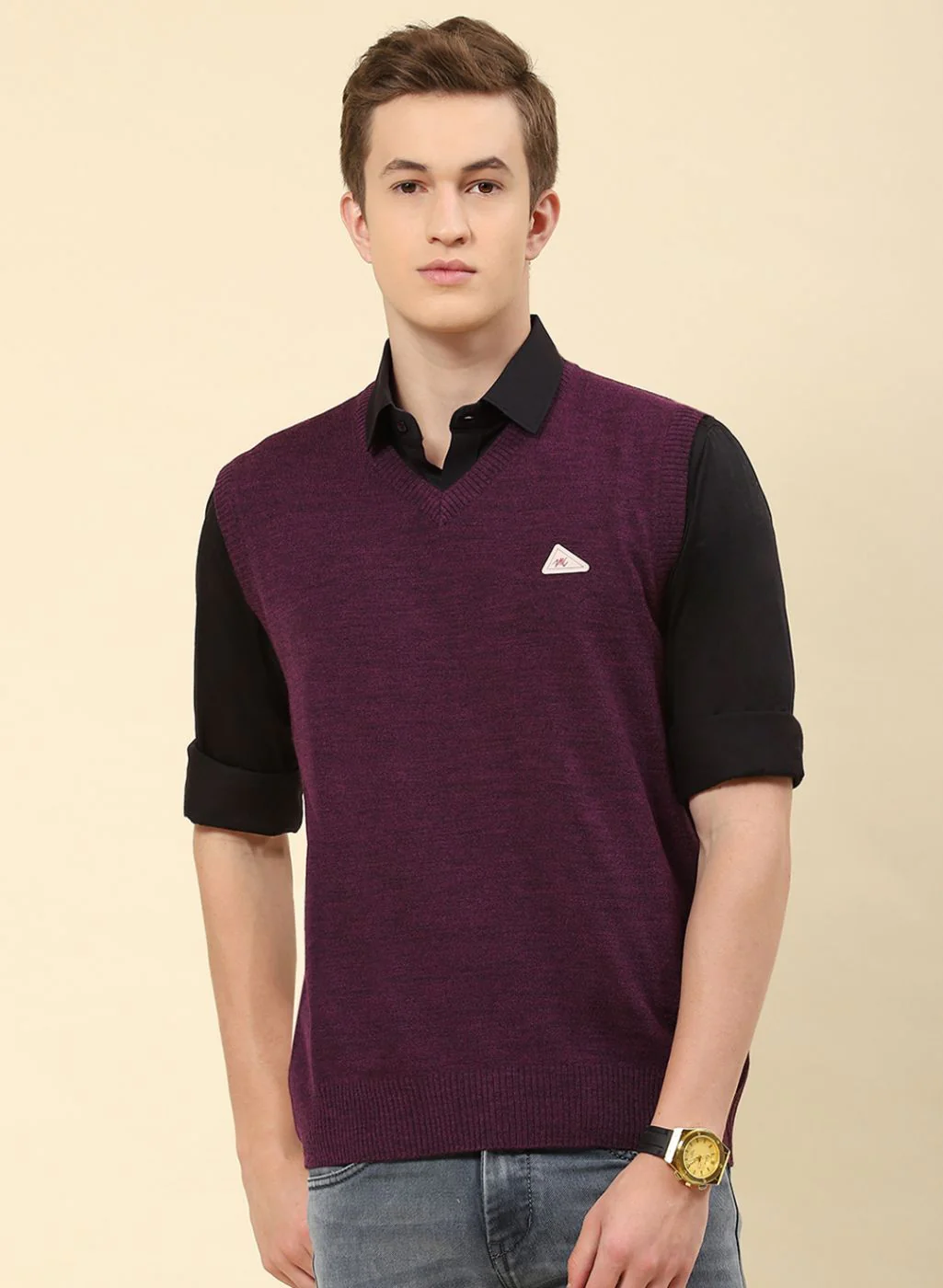 Men Purple Solid Blend wool Sweater - Image 2