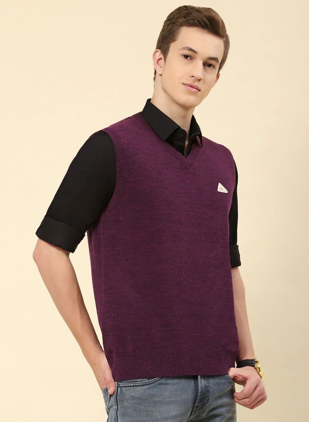 Men Purple Solid Blend wool Sweater - Image 4