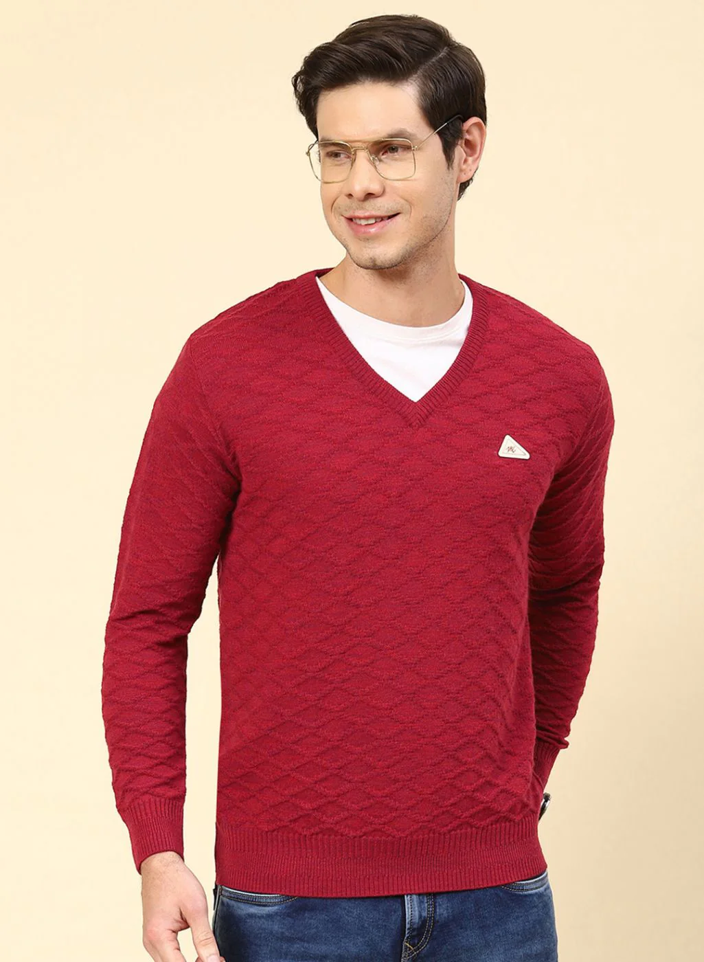 Men Red Self Design Wool blend Pullover - Image 2