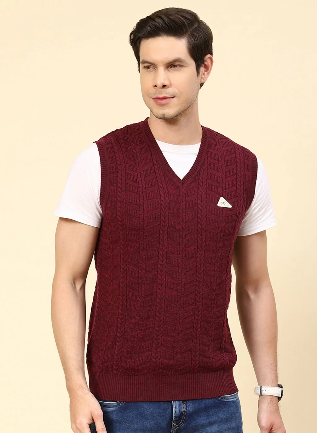 Men Red Self Design Wool blend Sweater - Image 2