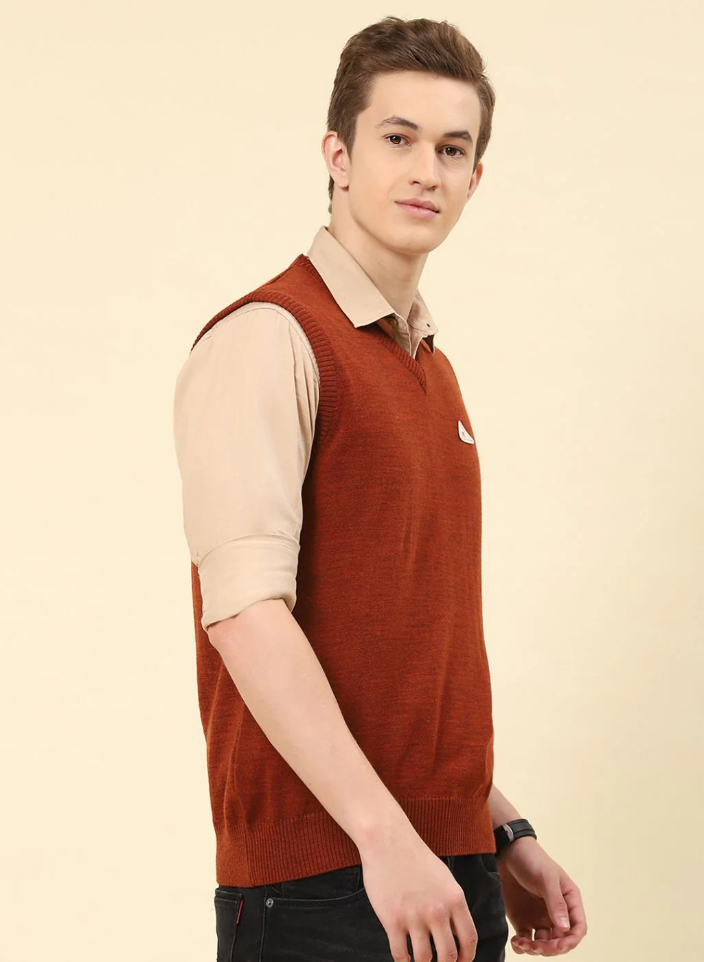 Men Rust Orange Solid Blend wool Sweater - Image 4