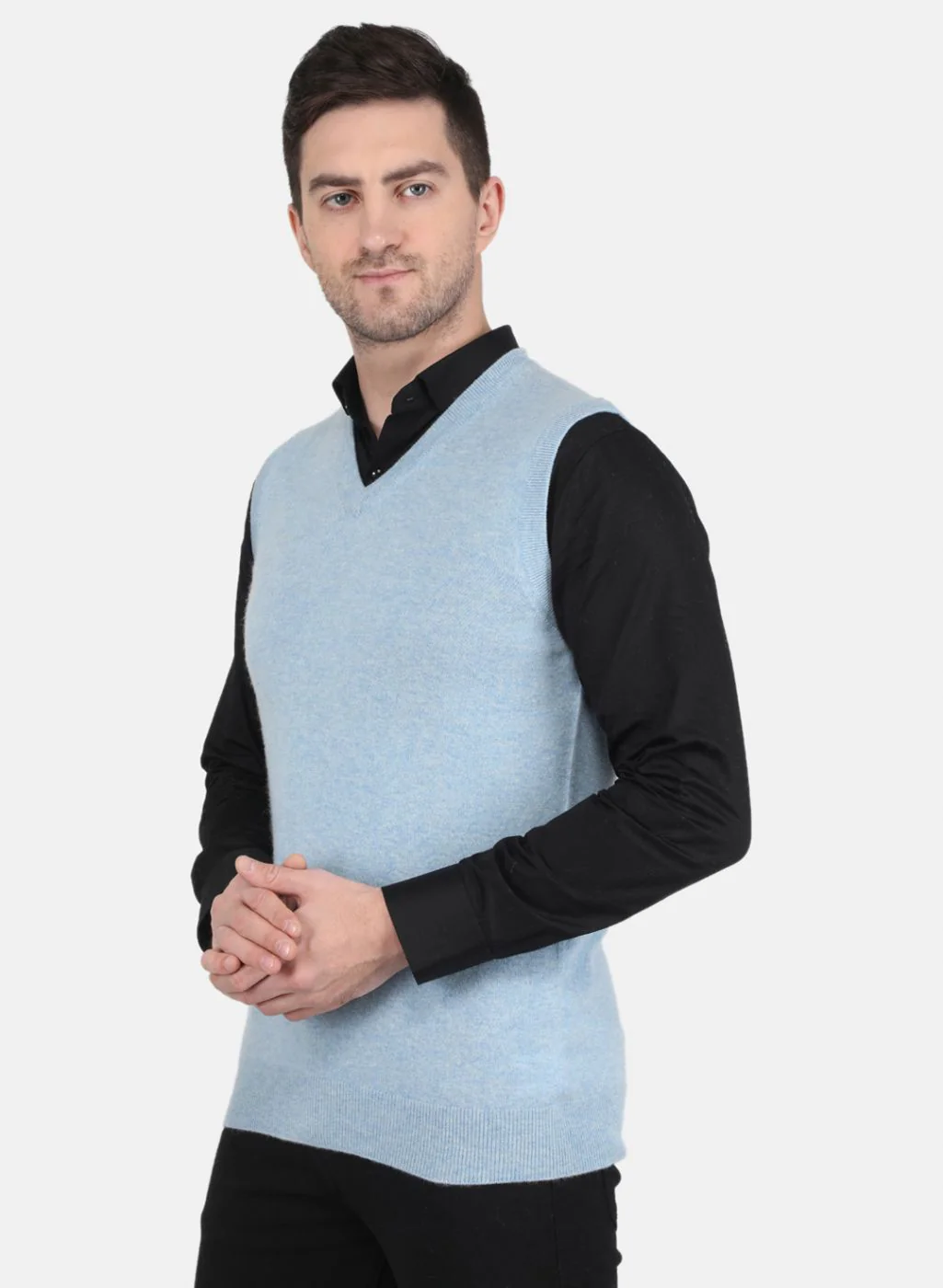 Men Sky Blue Solid Sweater - Image 2