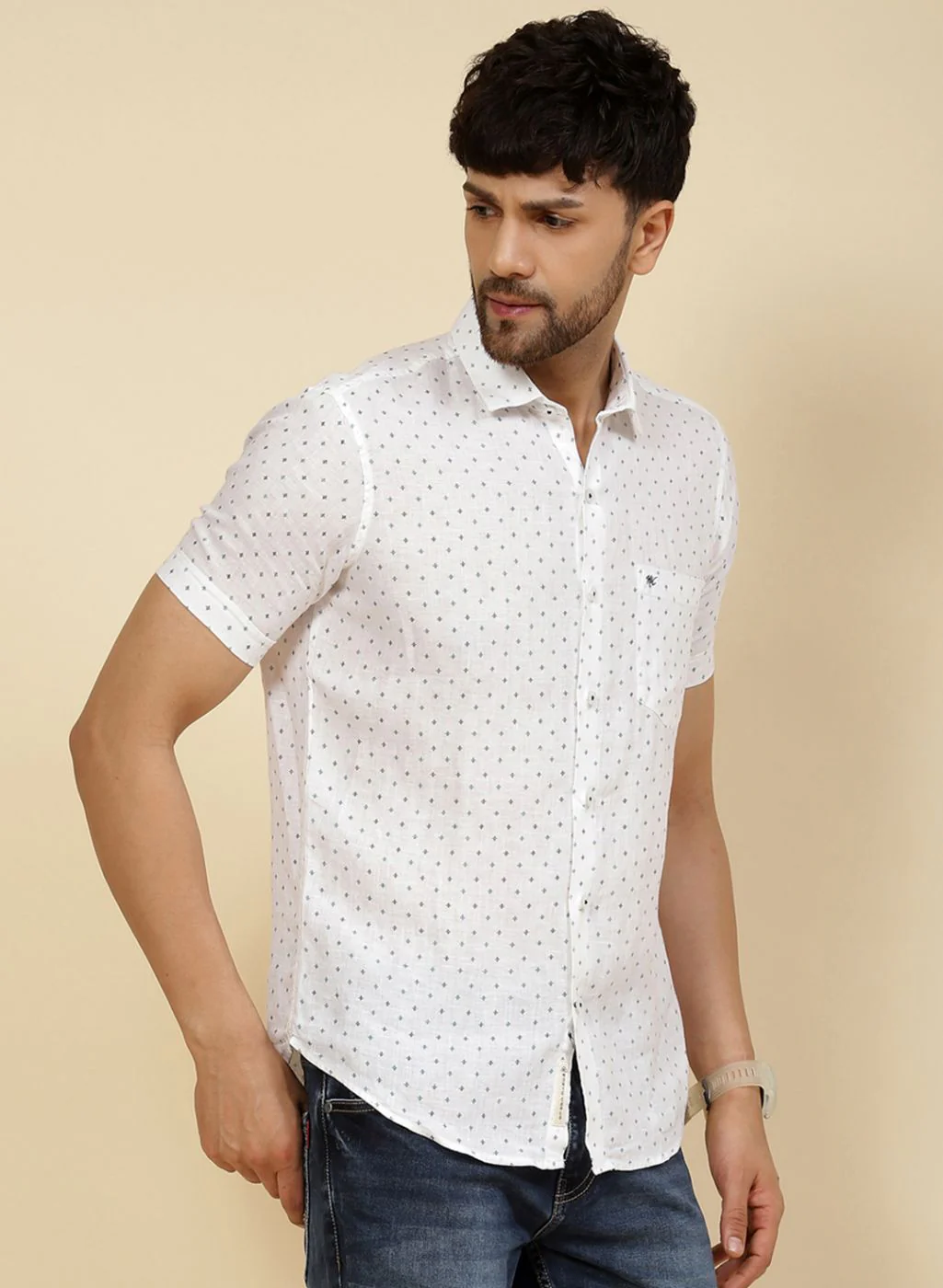 Men White Printed Linen Shirt - Image 4