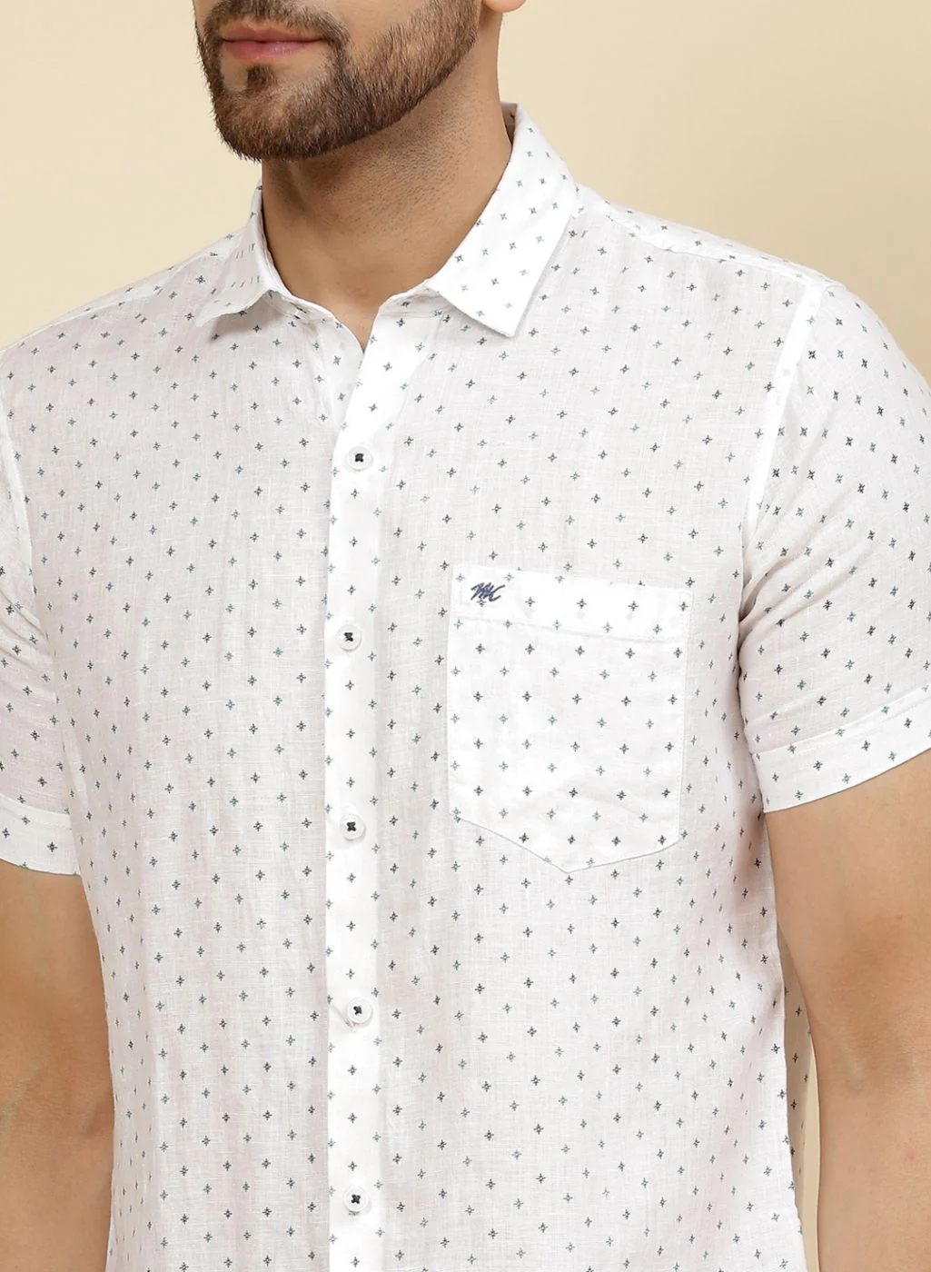 Men White Printed Linen Shirt - Image 6