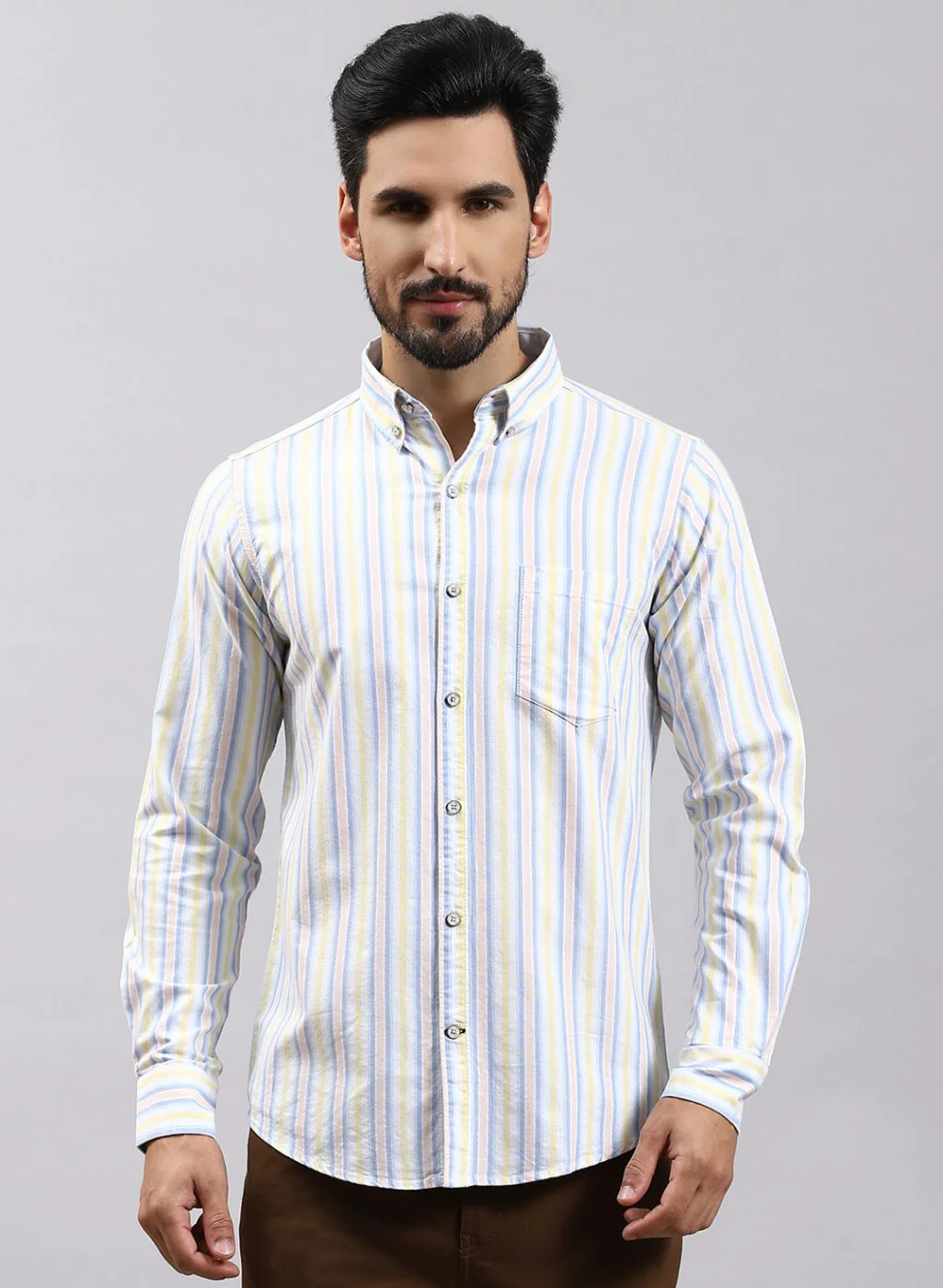Men Yellow Stripe Pure Cotton Shirt - Image 2