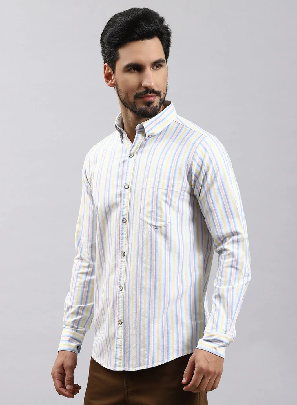 Men Yellow Stripe Pure Cotton Shirt - Image 3