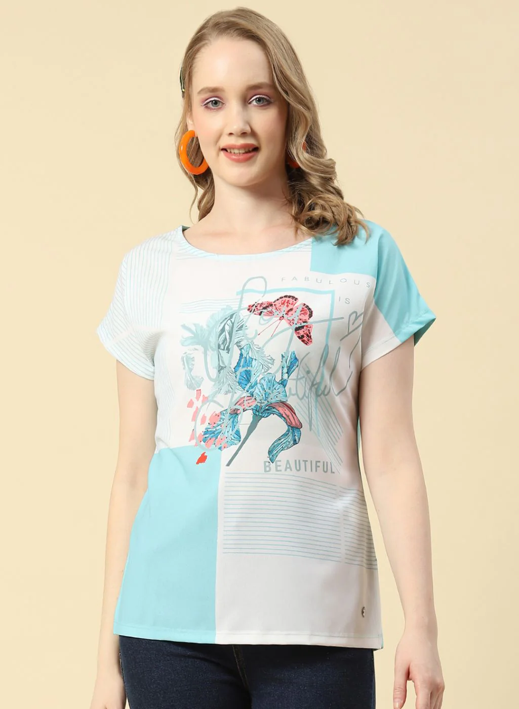 Women Aqua Blue Printed Top - Image 2