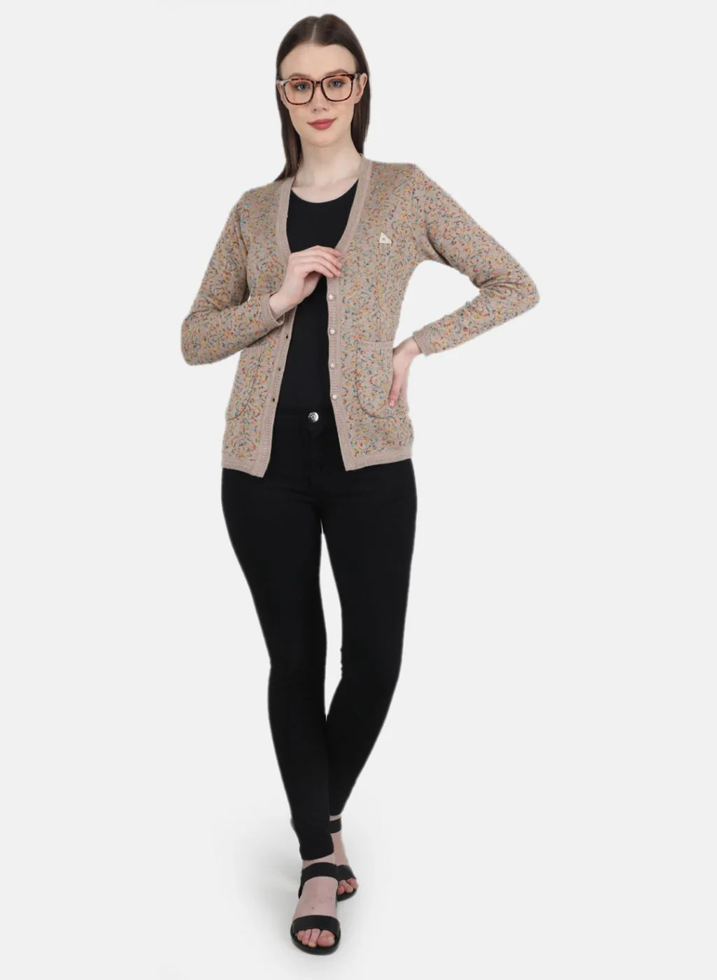 Women Beige Self Design Cardigan - Image 4
