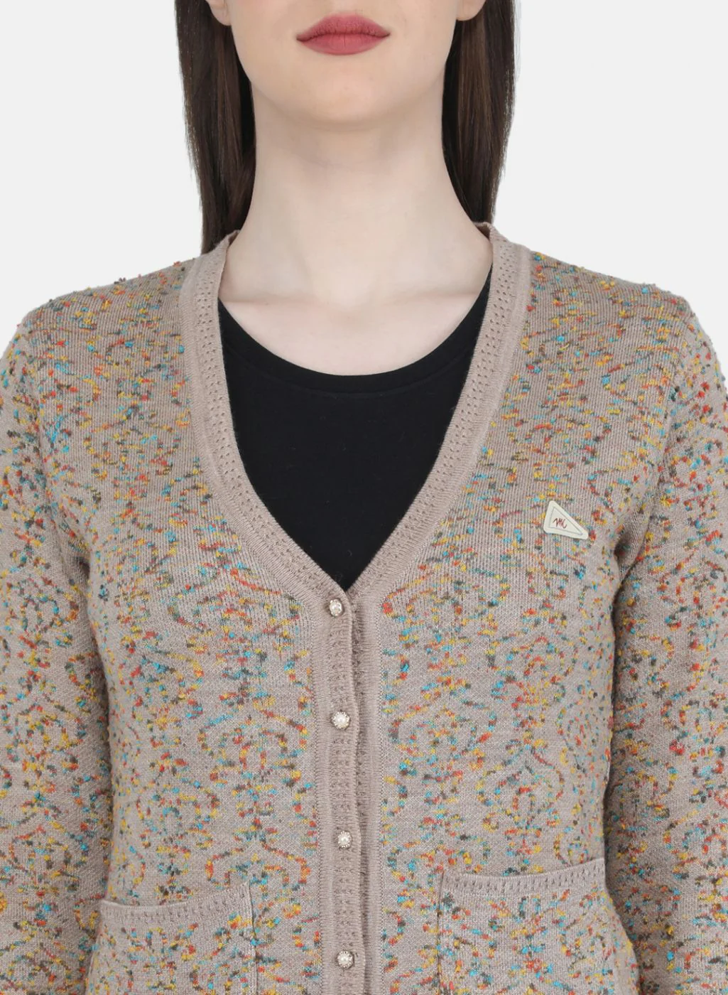 Women Beige Self Design Cardigan - Image 5
