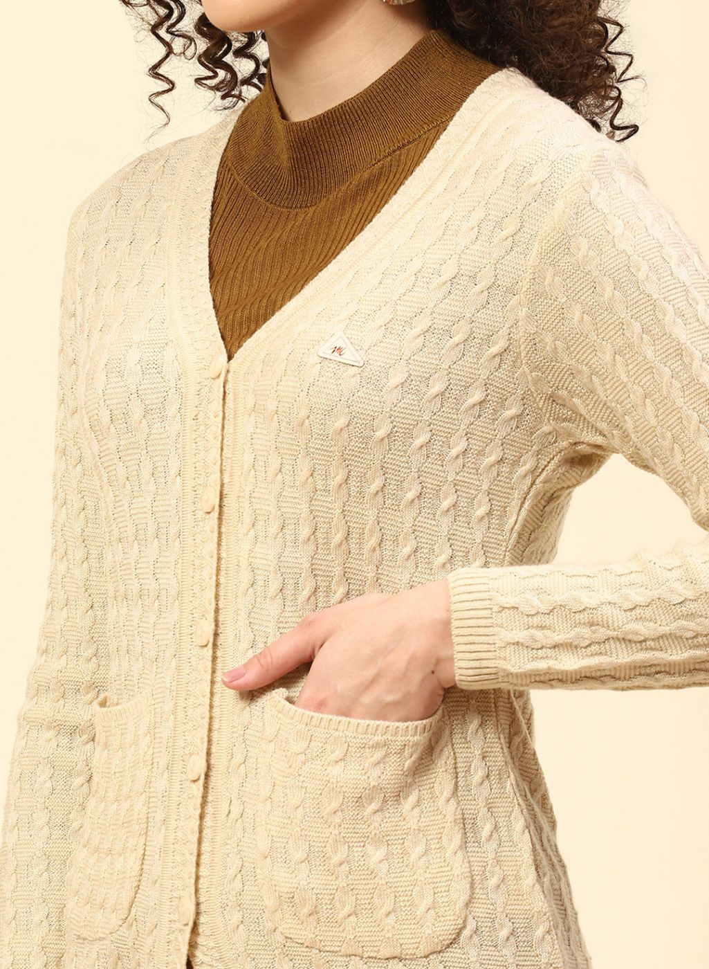 Women Beige Self Design Wool blend Cardigan - Image 6