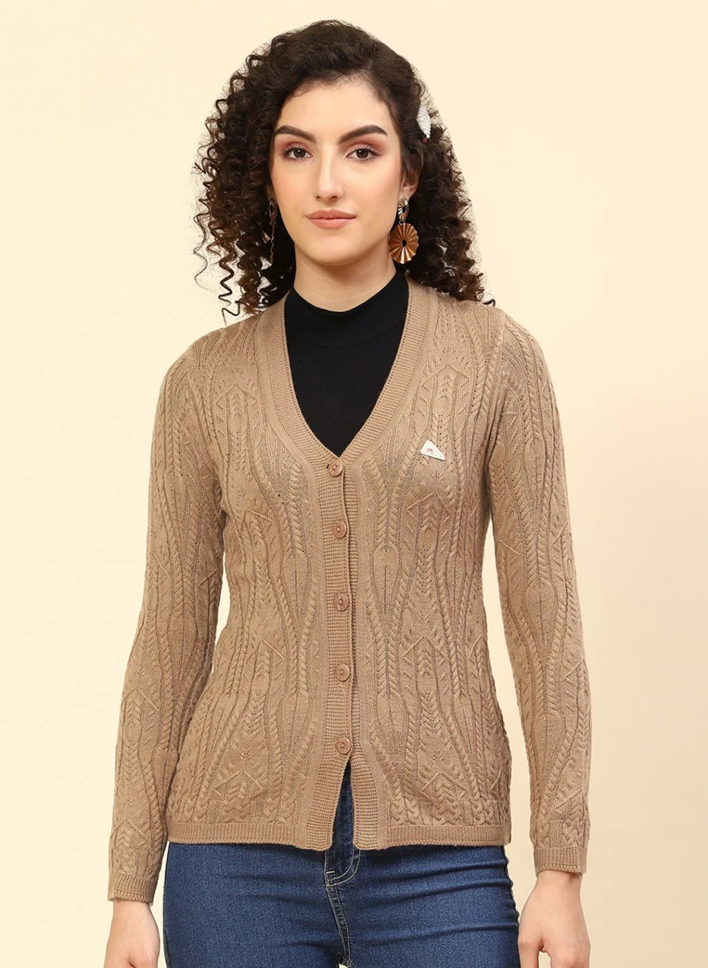Women Beige Self Design Wool blend Cardigan - Image 2