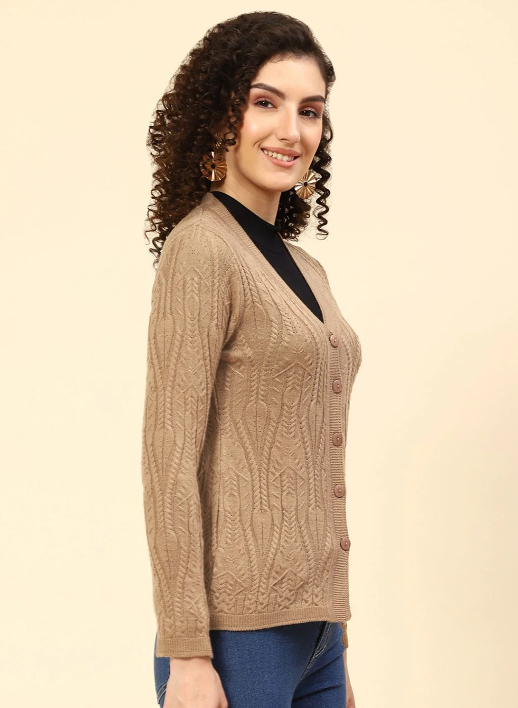 Women Beige Self Design Wool blend Cardigan - Image 4