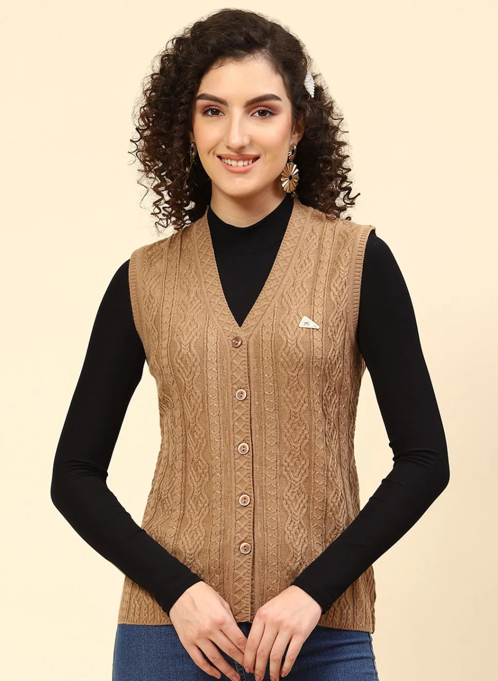 Women Beige Self Design Wool blend Cardigan - Image 2