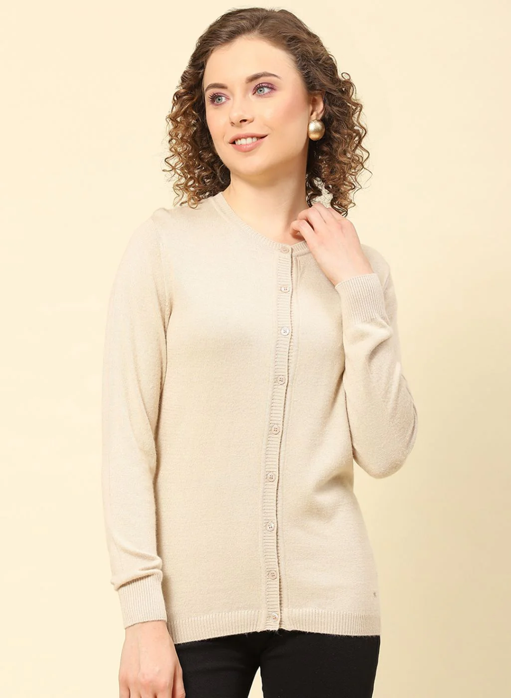 Women Beige Solid Modal Nylone Cardigan - Image 2