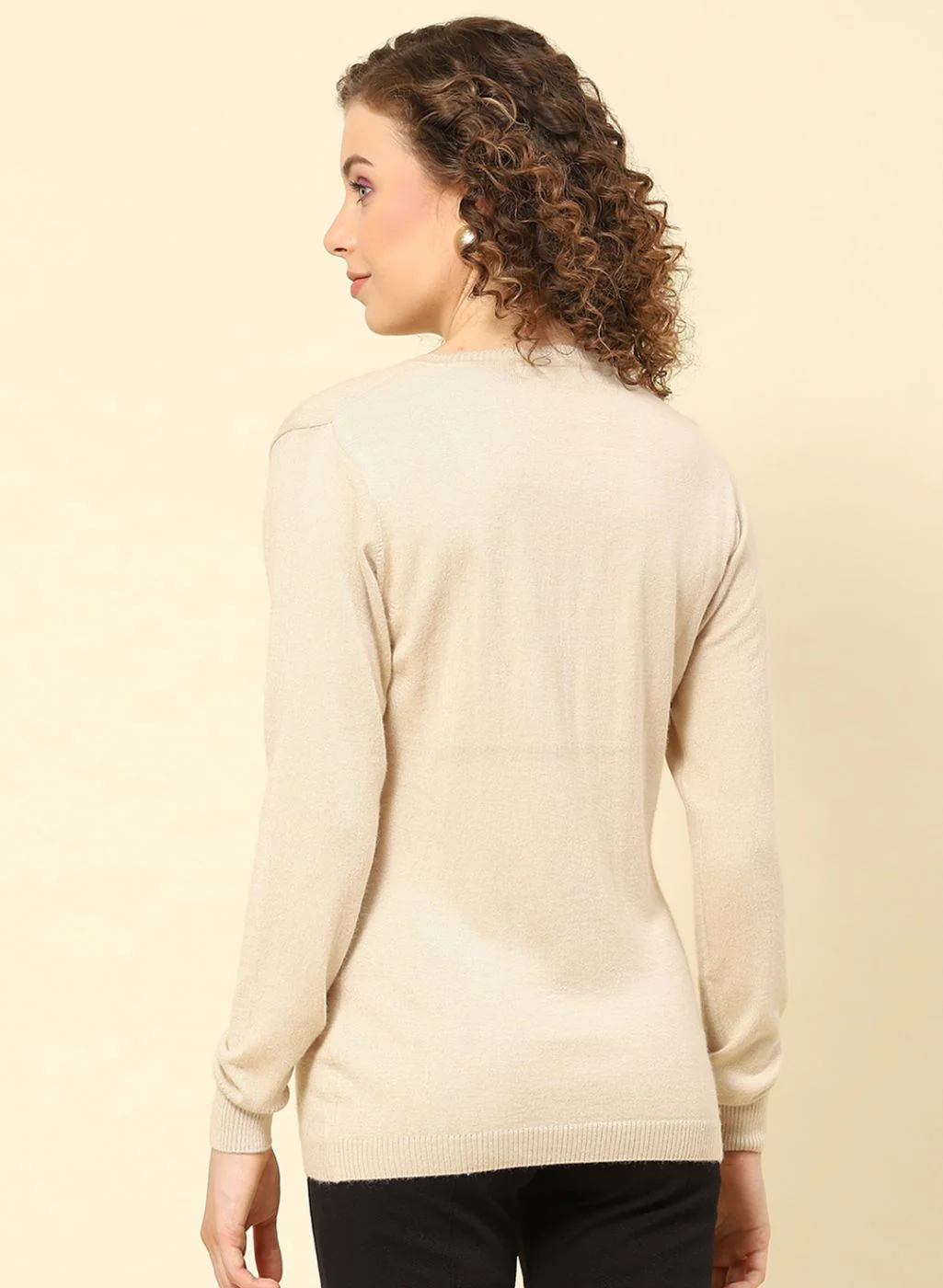 Women Beige Solid Modal Nylone Cardigan - Image 5
