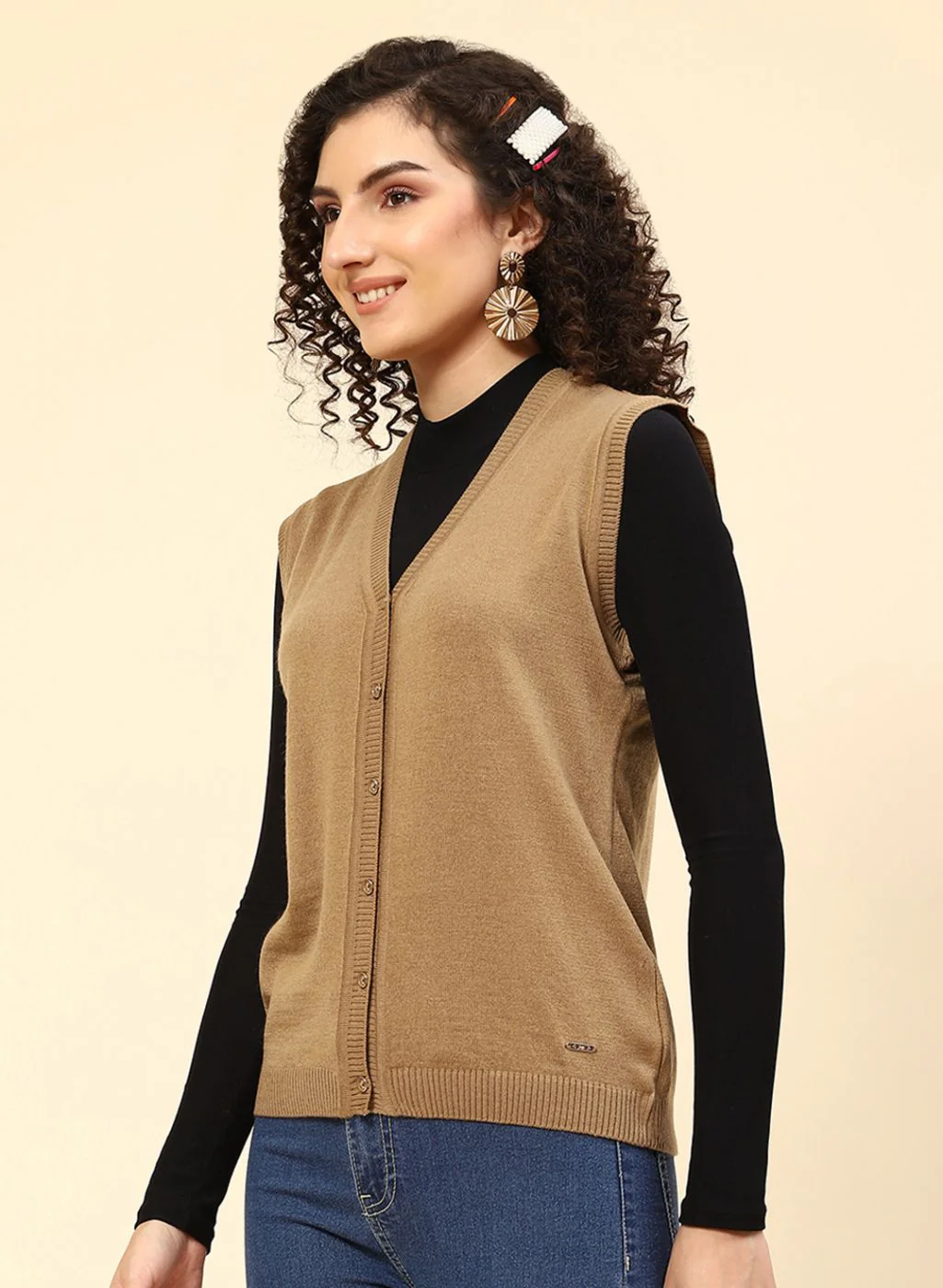Women Beige Solid Wool blend Cardigan - Image 3